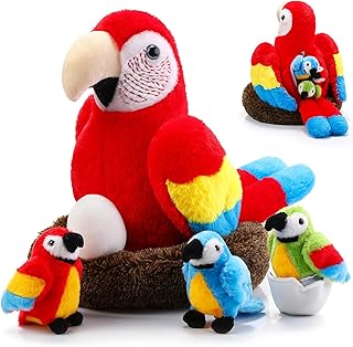Meooeck 13 Inch Macaw Parrot Plush Toys Set Large Mommy Parrot Stuffed Animal with Belly Zipper, Nest, Egg and 3 Cute Baby...