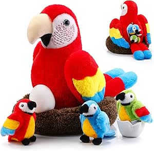 Meooeck 13 Inch Macaw Parrot Plush Toys Set Large Mommy Parrot Stuffed Animal with Belly Zipper, Nest, Egg and 3 Cute Baby Parrots Plushies for Kiddos Birthday Gifts Tropical Hawaii Party Decor