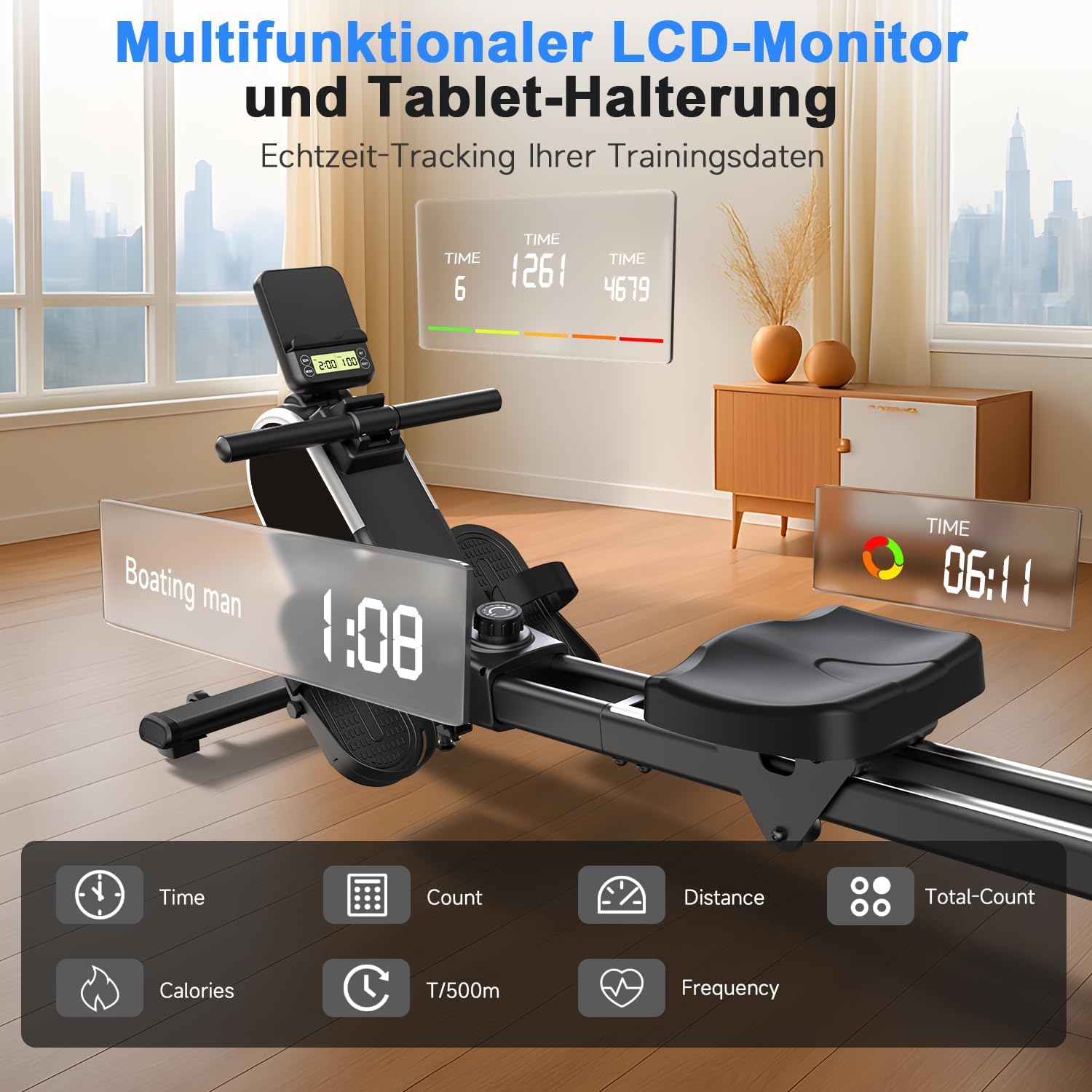 CHAOKE Vogatore Professionale per Casa, Vogatore Magnetico 16 Livelli di Resistenza e Doppia Guida Scorrevole,con App Compatibile, Monitor Bluetooth & Stent Capacità di Carico 160KG