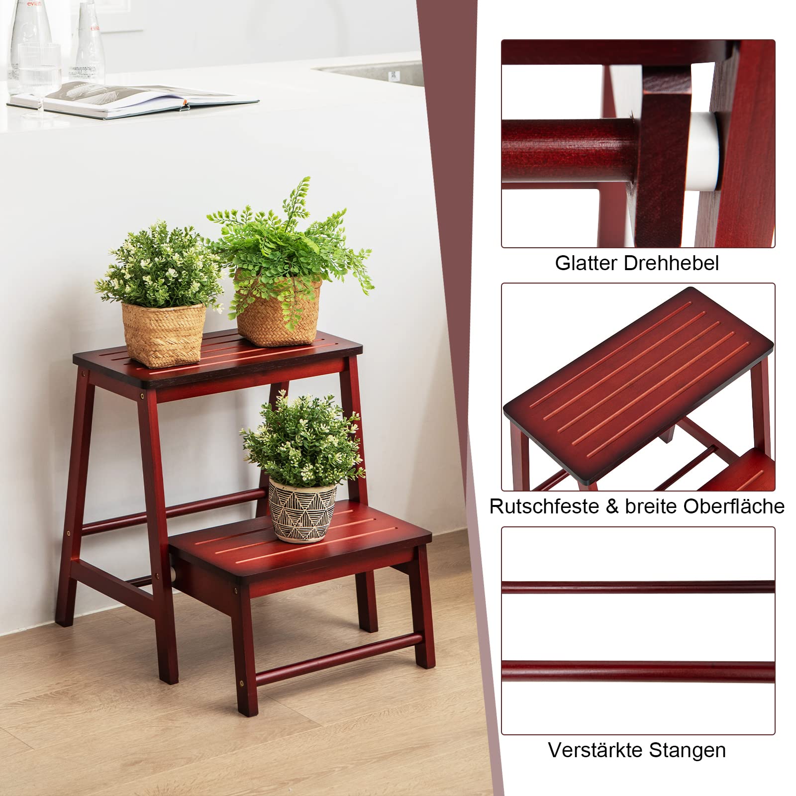 COSTWAY Opstapkruk, 2 treden, inklapbaar, ladderstoel tot 100 kg belastbaar, 48 cm hoog, trapladder van bamboe, huishoudtrap voor bibliotheken of thuis, rood