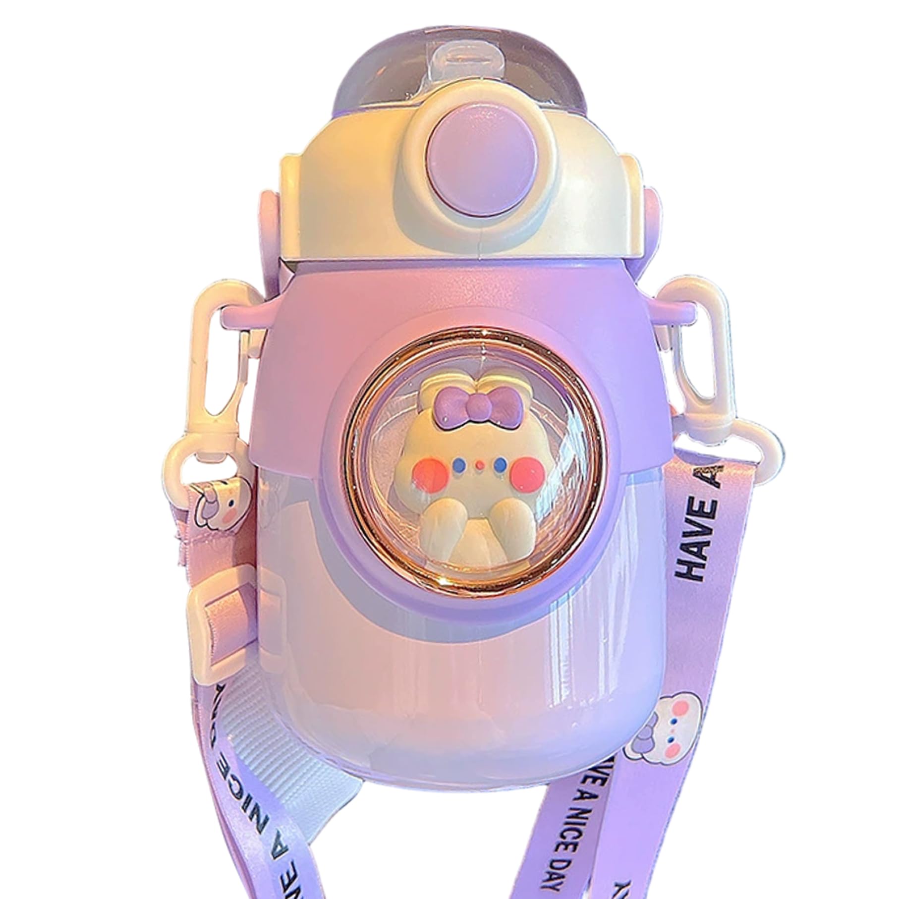 Dagllgew Girls Purple Kawaii Water Bottle, 700Ml Water Bottle With Straw And Strap Student Kid Cartoon Drinking Kettle Big Belly Cup For School Sports, Sports