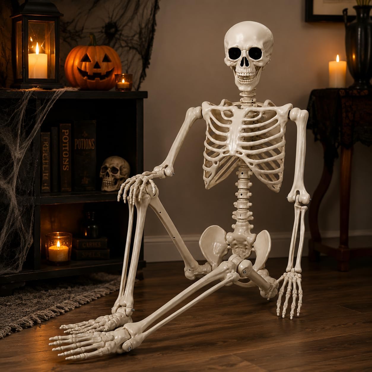 4 Stück Halloween Skelett, 90 cm, lebensgroßes Ganzkörper Skelett aus Kunststoff mit beweglichen Gelenken, Halloween Deko Outdoor für Garten, Friedhof, Spukhaus und Halloween Party