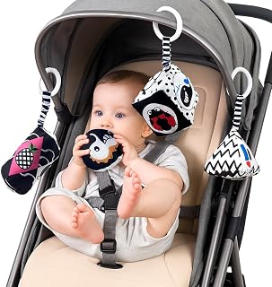 4 Piezas Juguetes Colgantes para Cochecito, Juguete Blanco y Negro, Juguete de Alto Contraste, Espiral Carro Bebe, Sonajero Bebe, Sensorial, 0-12 Meses, Montessori (4 estilos)