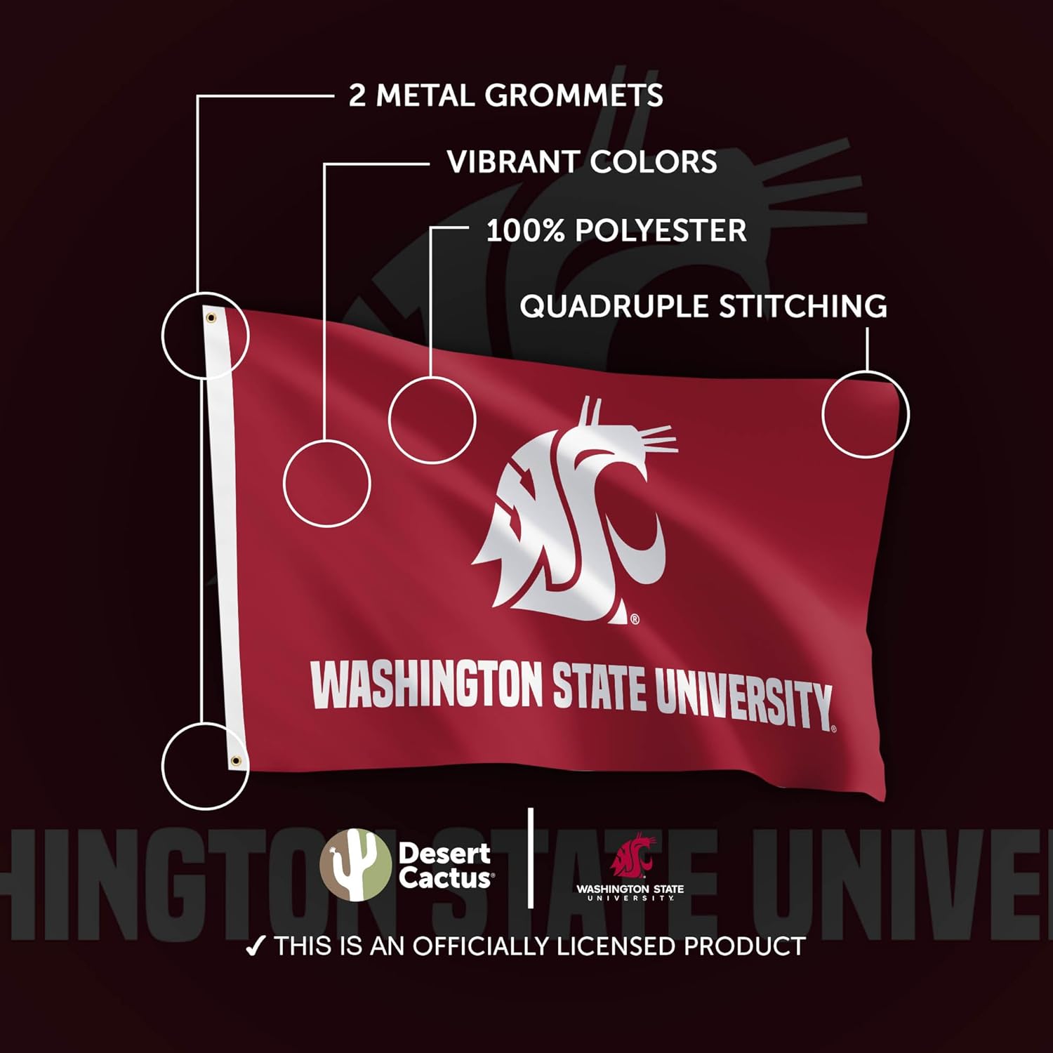 Desert Cactus Washington State University WSU Flag - 3 x 5 Feet Cougars Banner, Indoor/Outdoor Durable Fabric, 100% Polyester Design (Style 5) - Image 4