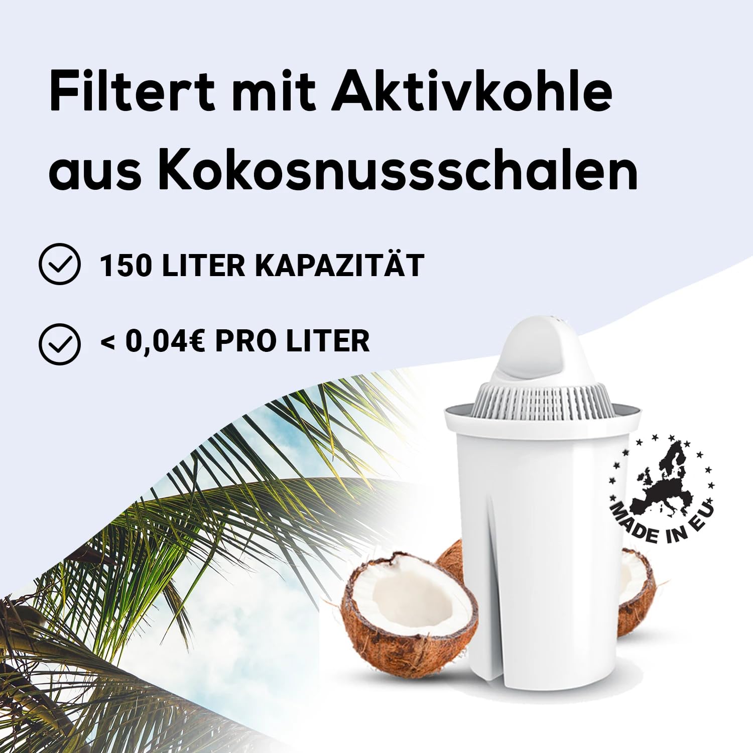 Glas-Wasserfilter (weiß) Glaskanne mit 3 Classic Filterkartuschen – Reduzierung von Kalk & Schwermetall – Schützt Geräte – Besserer Geschmack von Kaffee & Tee – Made in EU
