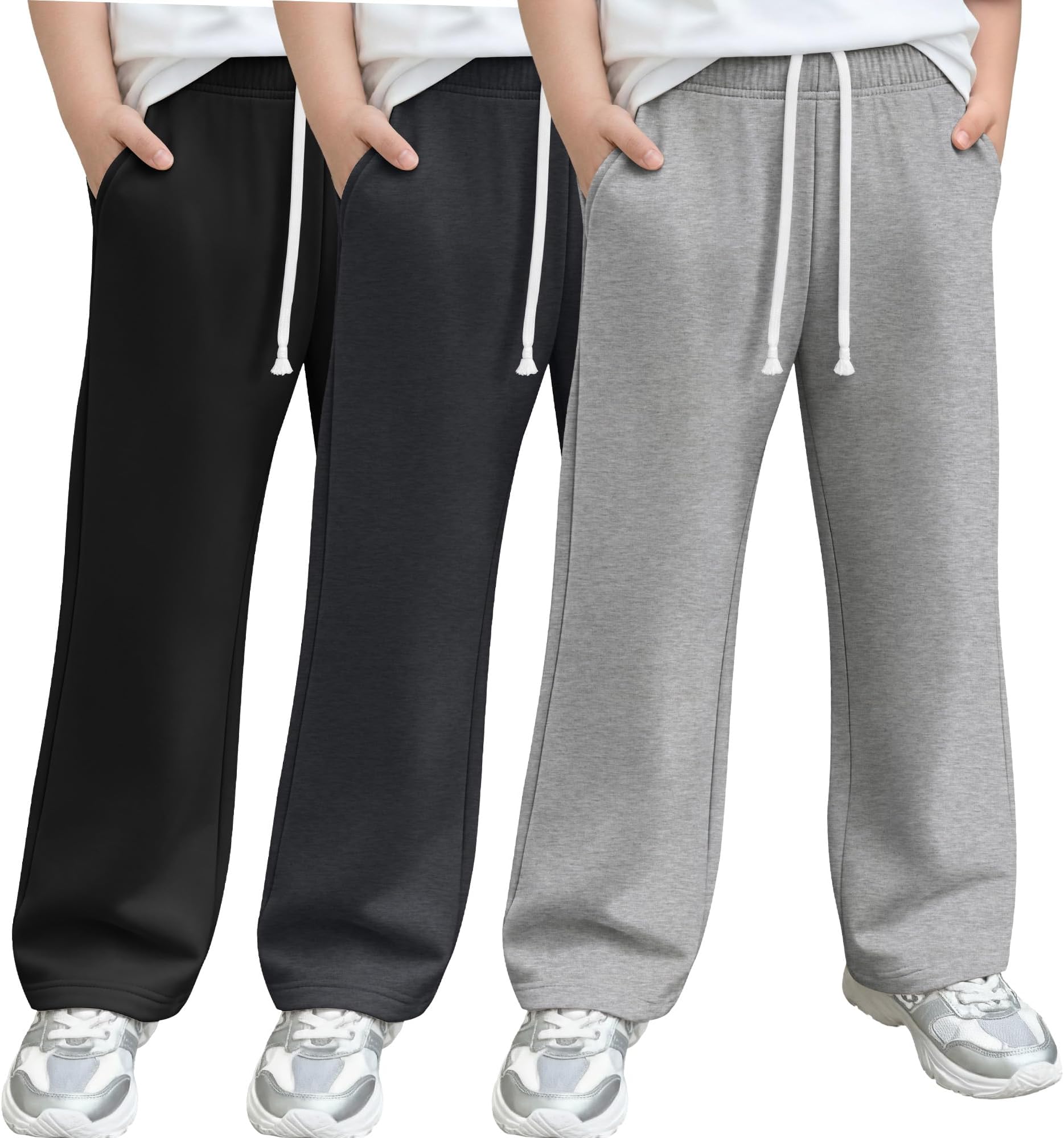 3 Pack Boys Baggy Sweatpants Wide Leg Open Bottom Drawstring Elastic Waist Athletic Joggers Pants with Pockets 6-16y