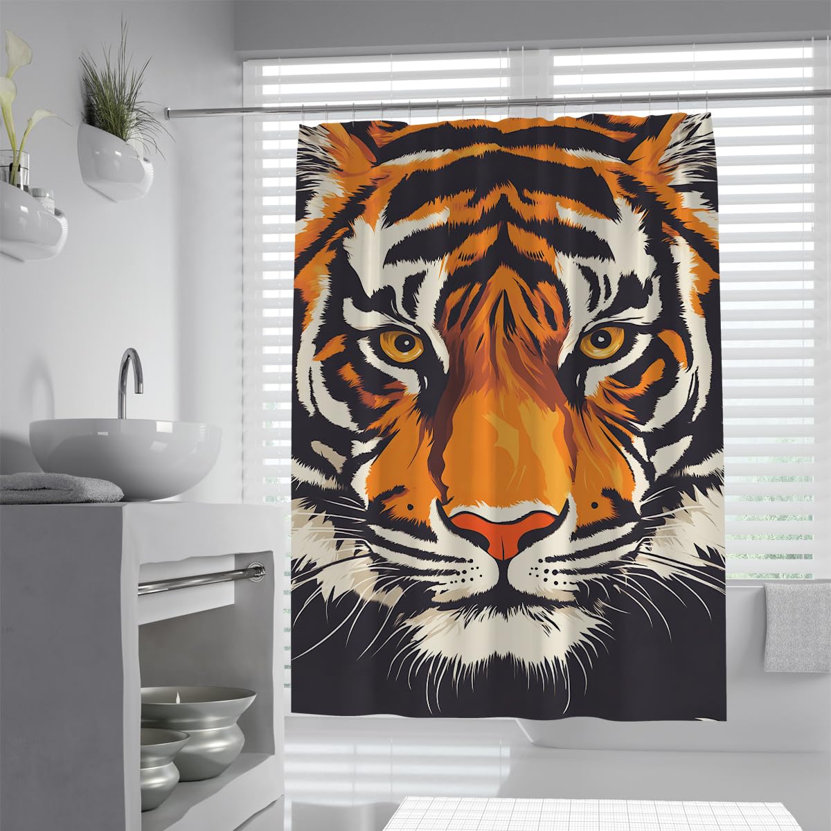 UIRINGART Classic Tiger Portrait Bath Curtain W200xL240cm Bold Wildlife Print Polyester Waterproof Anti-mould Lightweight Guest Toilet Shower Curtain with Hooks