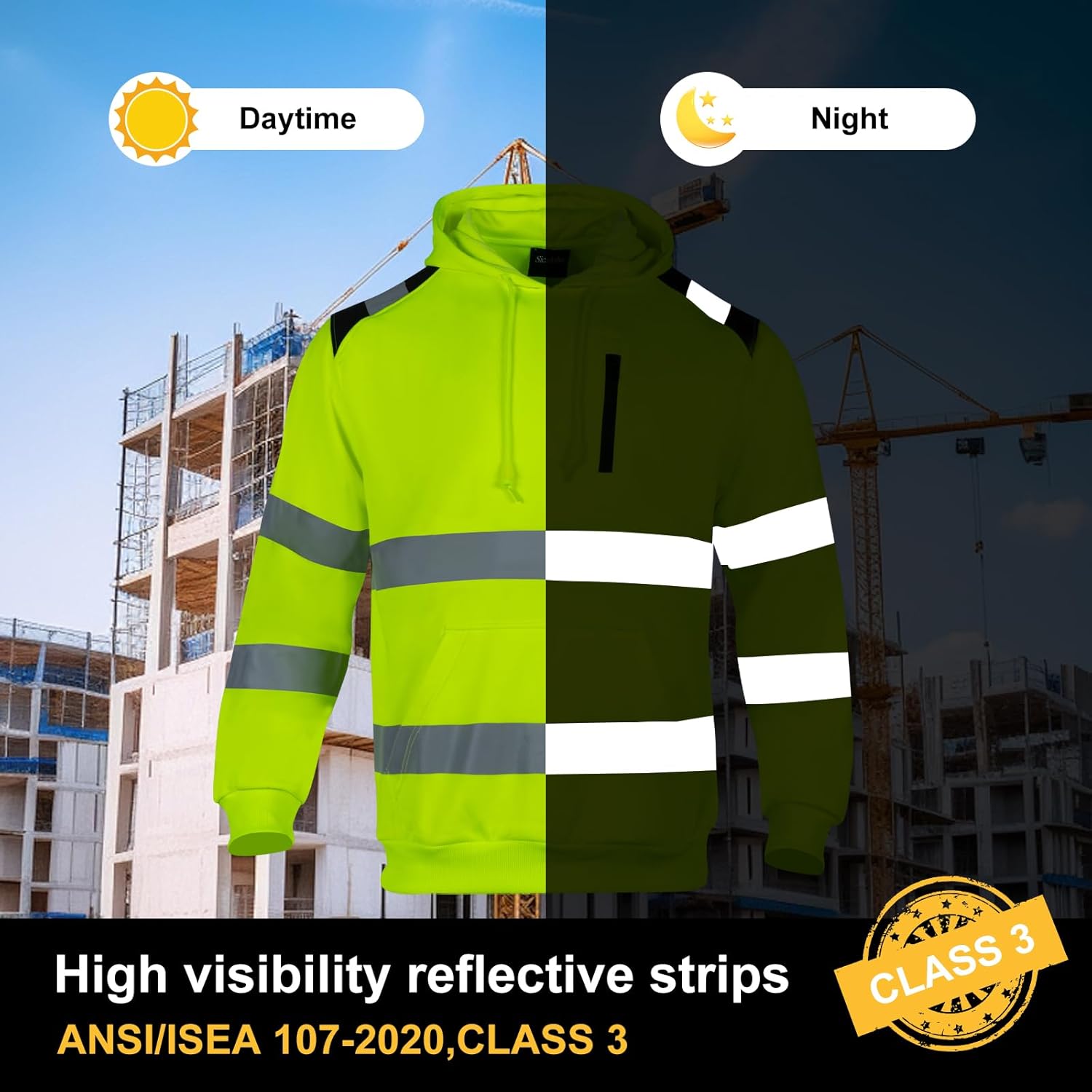 High Visibility Reflective Long Sleeve Safety Hoodie for Men,Hi Vis ANSI Class Construction Work Sweatshirt - Image 6
