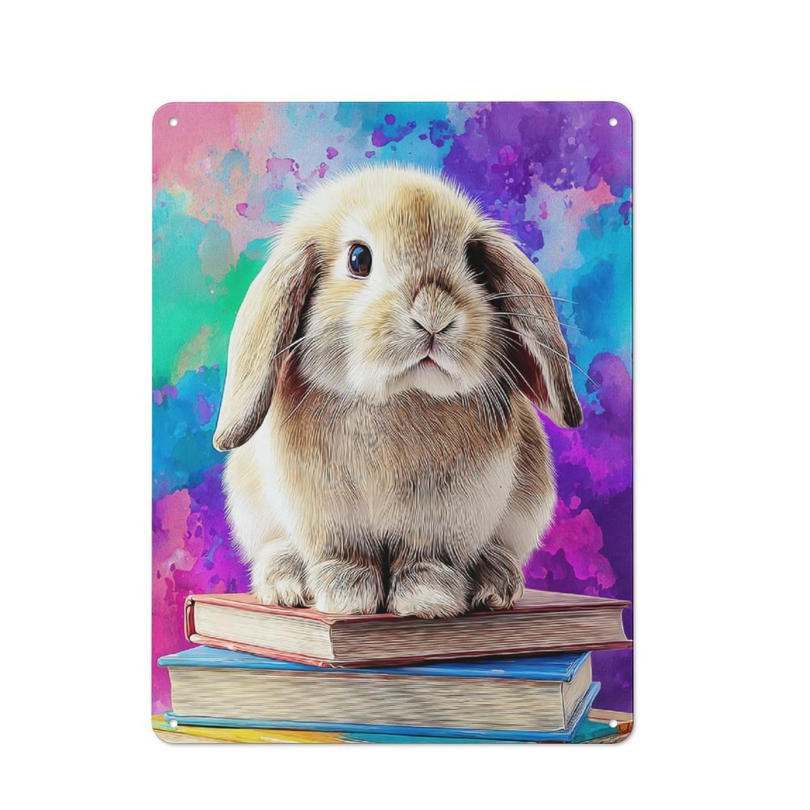 Junmoney Rabbit On Books Colorful Artwork -1 For Kitchen Or Home Bar, Retro-Style Metal Sign 40X30cm, For Cooler-Month Interiors With Retro Character