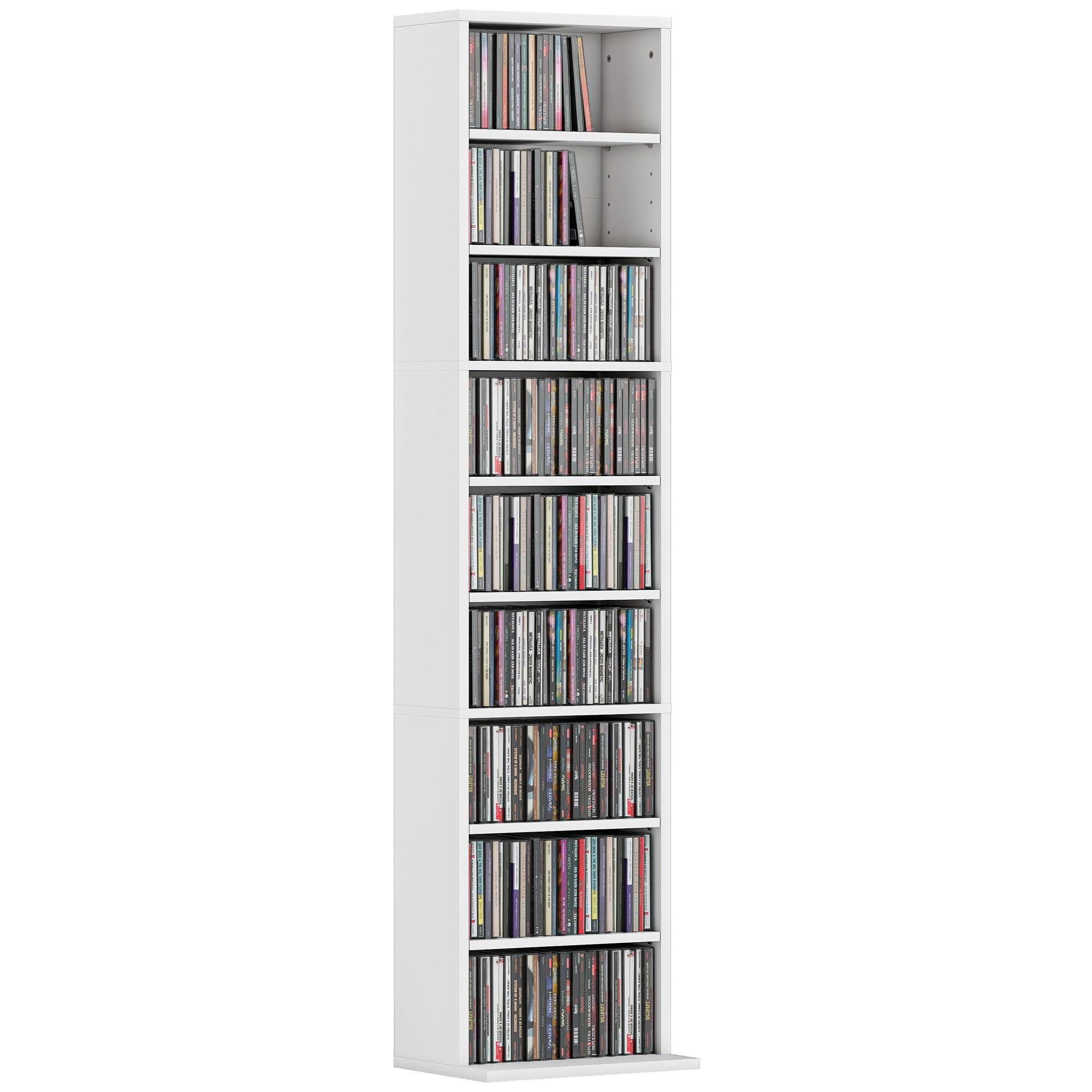 HOMCOM Mobile Porta CD con 6 Ripiani Regolabili, Scaffale Porta 260CD/120DVD Salvaspazio in Legno, Mobile Portacd con 9 Scomparti, per Soggiorno, Camera da Letto, Ufficio, 33x24x140 cm, Bianco