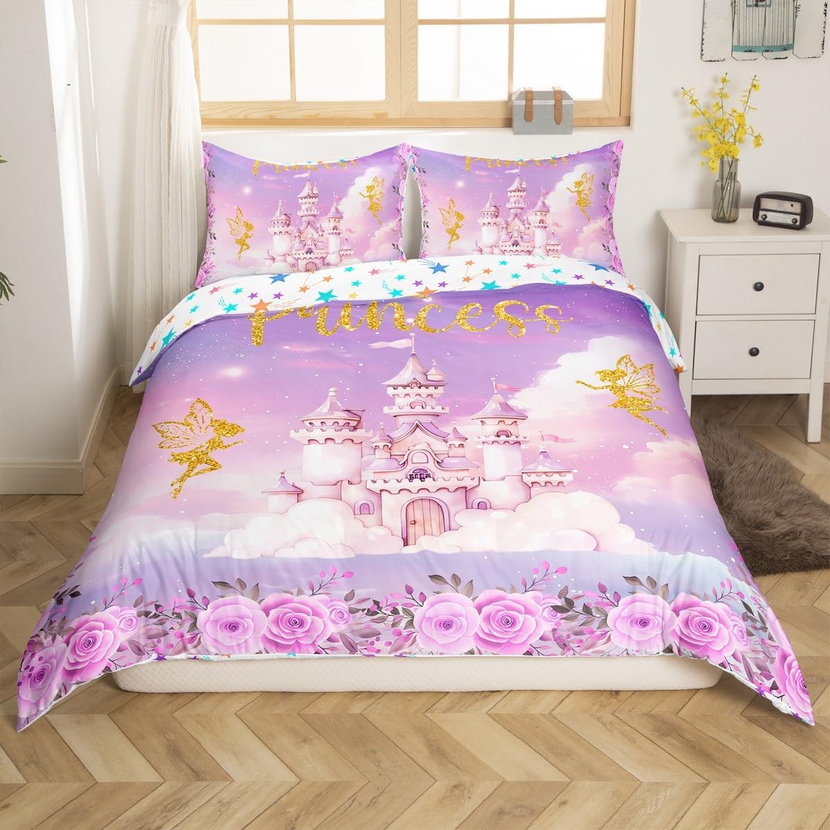 Erosebridal Moon Unicorn Kids Duvet Cover Kawaii Magical Unicorn Toddler Bedding Sets for Girls Room Decor Cute Rose Floral Butterfly Love Heart Comforter Cover Rainbow Unicorn Bed Set 2 Piece