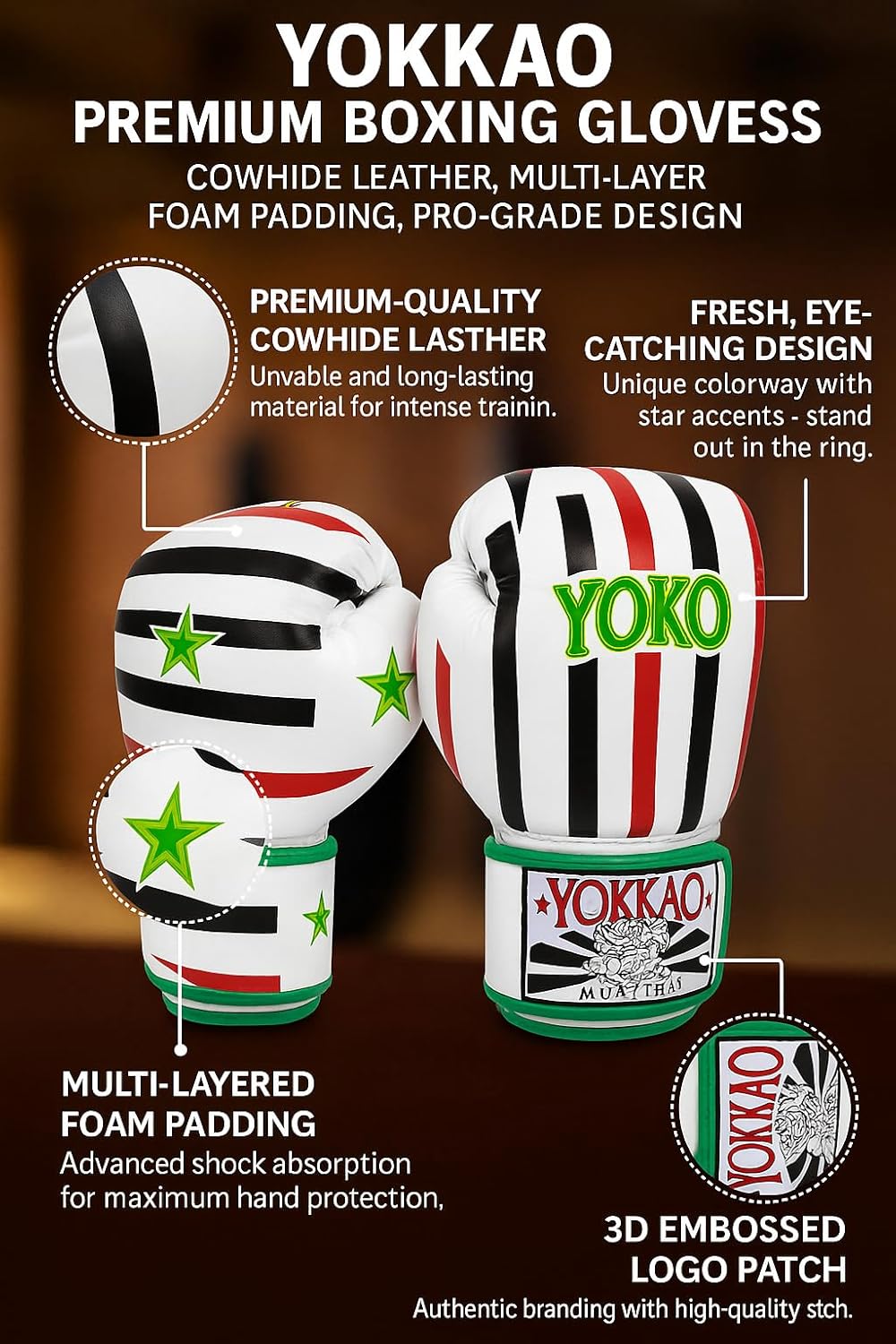 YOKKAO Design Breathable Muay Thai Boxing Glove | Premium Leather Training and Sparring Gloves for Men and Women | Winning Boxing Gloves | Punching Glove