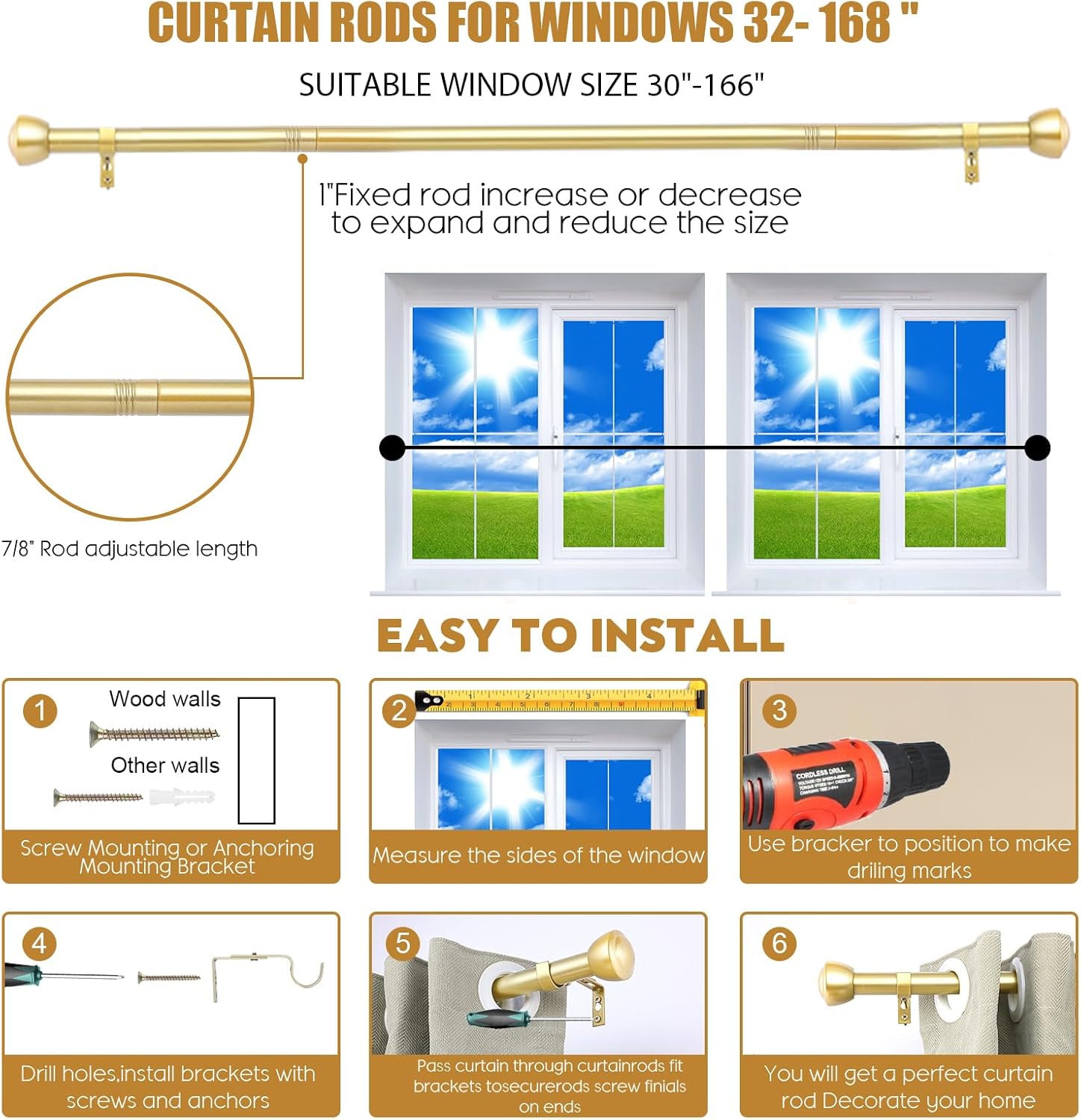 1 Inch Gold Curtain Rods for Windows 144-168 Inches - Heavy Duty Drapery Rods with Adjustable Rods and Ball Finials - Ideal Room Divider and Outdoor Rod,32"-168"