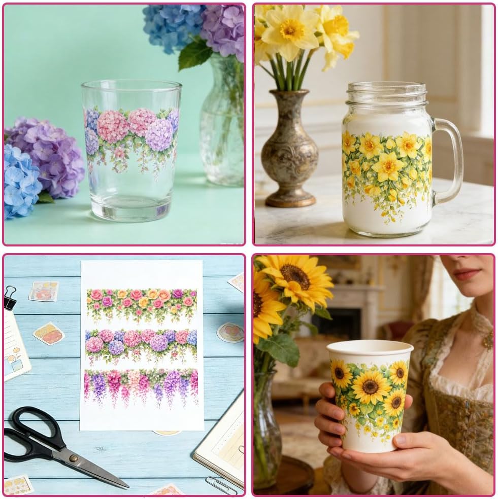 10 Pcs Floral Border UV DTF Cup Wraps for 16OZ Glass, Rose Vine UV DTF Transfer Stickers Waterproof Rub on Transfer Decals for Glass Bottle Vase Furniture Crafts, 4.3 x 9.4 Inch
