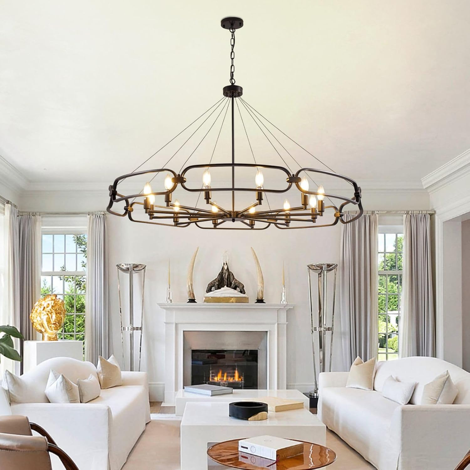 52.8" Industrial Style Black Chandelier, 8-Light Modern Chandeliers for Dining Room, Round kitchen Island Light Fixtures, Farmhouse Foyer Lighting Fixtures, for Living Room, Bedroom, Foyer, Entryway