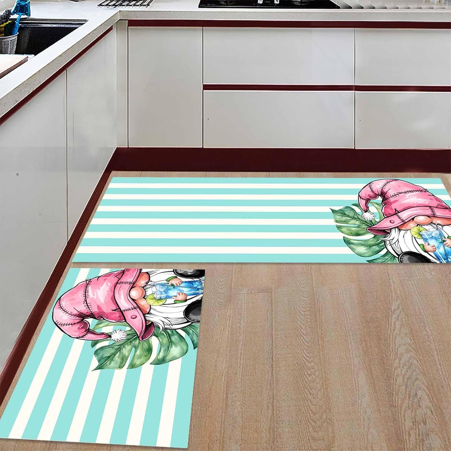 2 Pieces Kitchen Rugs and Mats,Summer Pink Hat Gnome Drinks Area Runner Rug Set Non Slip Floor Doormat Washable Carpet Standing Mat for Kitchen Sink Indoor Corridor,Watercolor Palm Leaf Teal Stripe