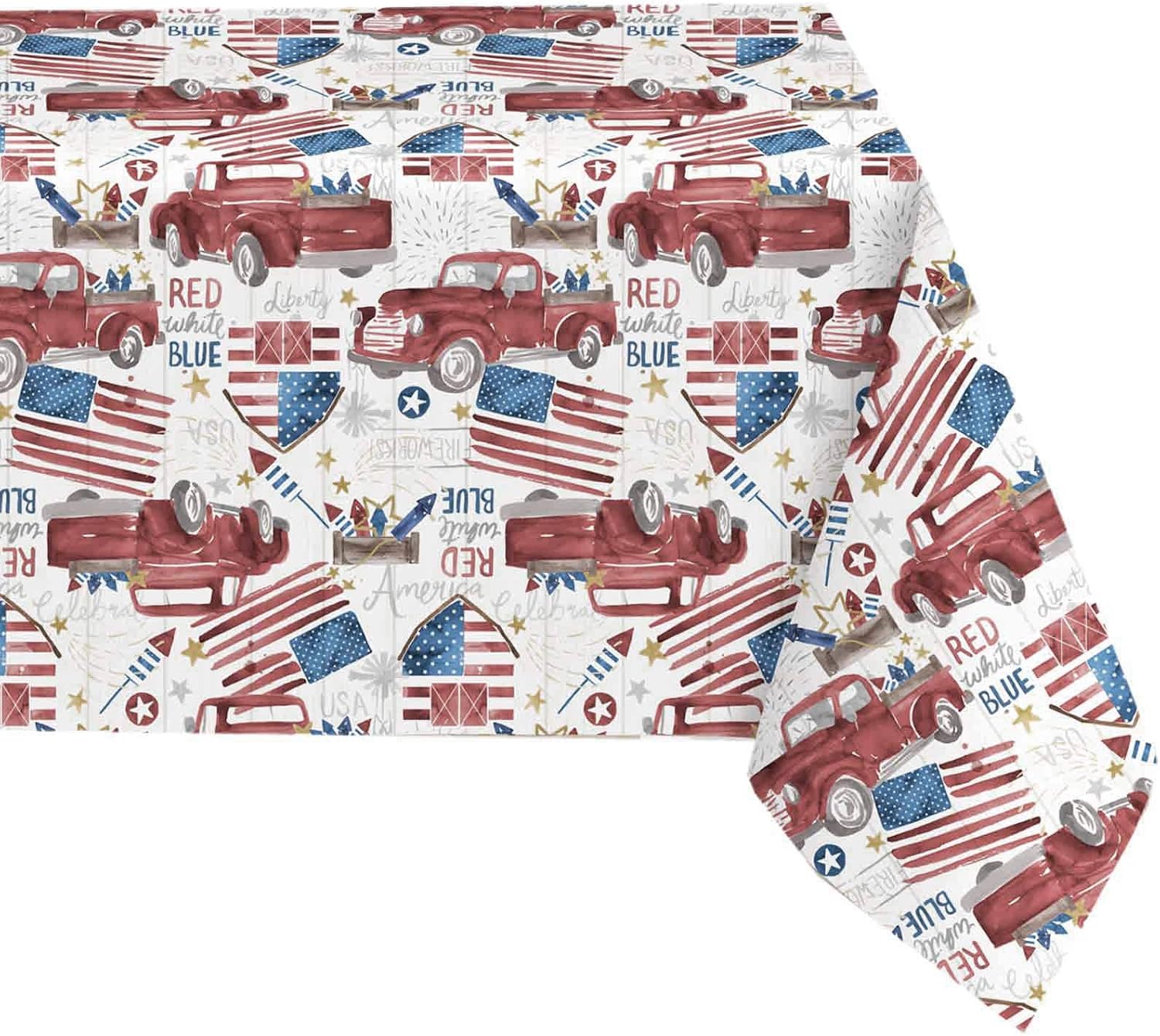 Newbridge Patriotic Truck Red, White and Blue Vinyl Flannel Backed Tablecloth, American Celebration Flags and Fireworks Theme Waterproof Patio Tablecloth, 60 Inch x 84 Inch Oval