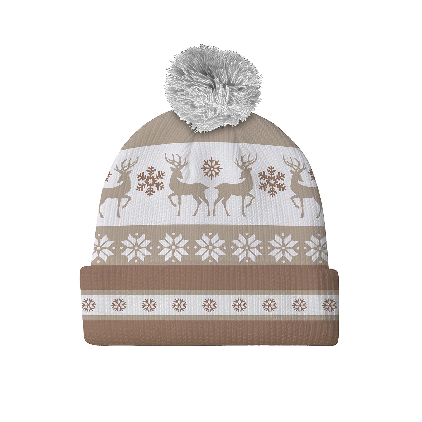 Livcoz Winter Reindeer Knit Beanie for Adult Men Women Brown White Snowflake Cuffed Stretchy Woolen Yarn Warm Hat