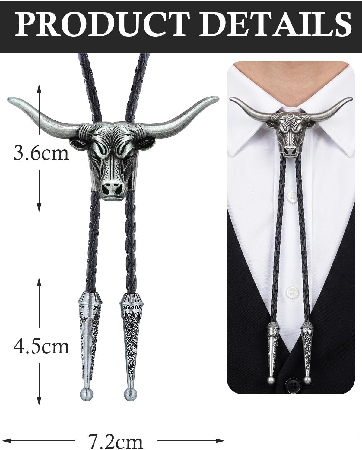 Western Bolo Tie for Men USA 250th Anniversary Eagle Longhorn Bull Cowboy Bolo Tie Leather Necktie for Men Women