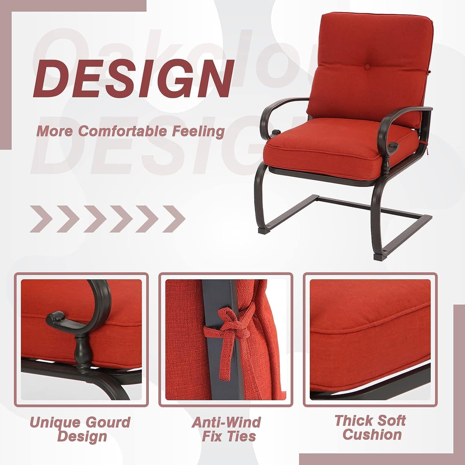 4 Pieces Metal Outdoor Furniture Patio Conversation Set, Glider Chairs Set with Round Side Table, Spring Lounge Chair Sets Metal Frame Wrought Iron Look (Red)