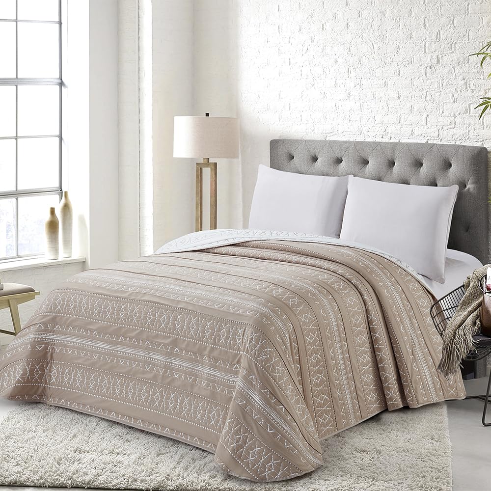 COTTON ARTean Colcha bouti para Primavera - Verano - otoño ARLABAN Beige - Reversible poliéster - Jacquard Extra Suave Cama de 135