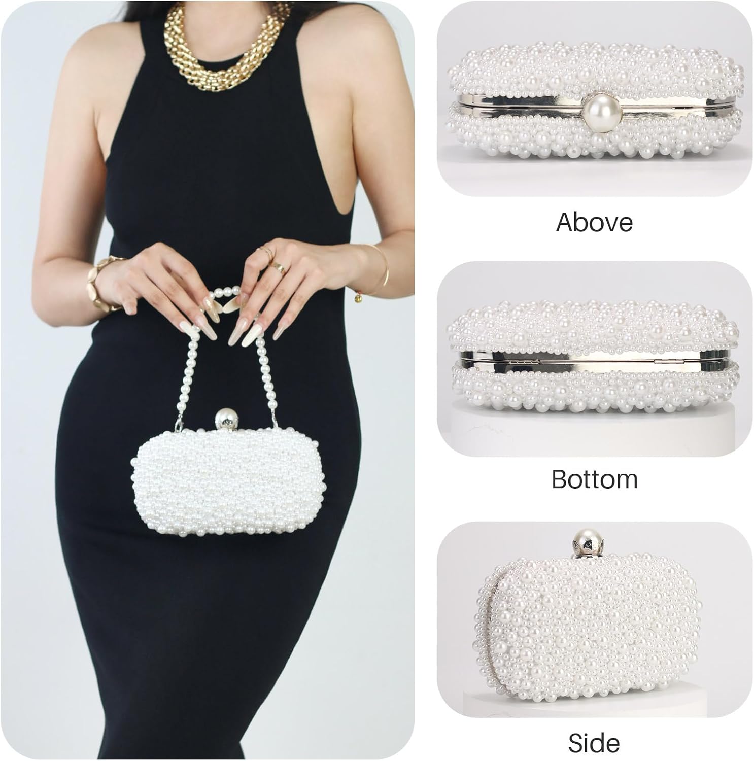 Women Pearl Clutches Noble Crystal Beaded Evening Handbag Chain Strap Shoulder Bag for Wedding Bridal Party Prom