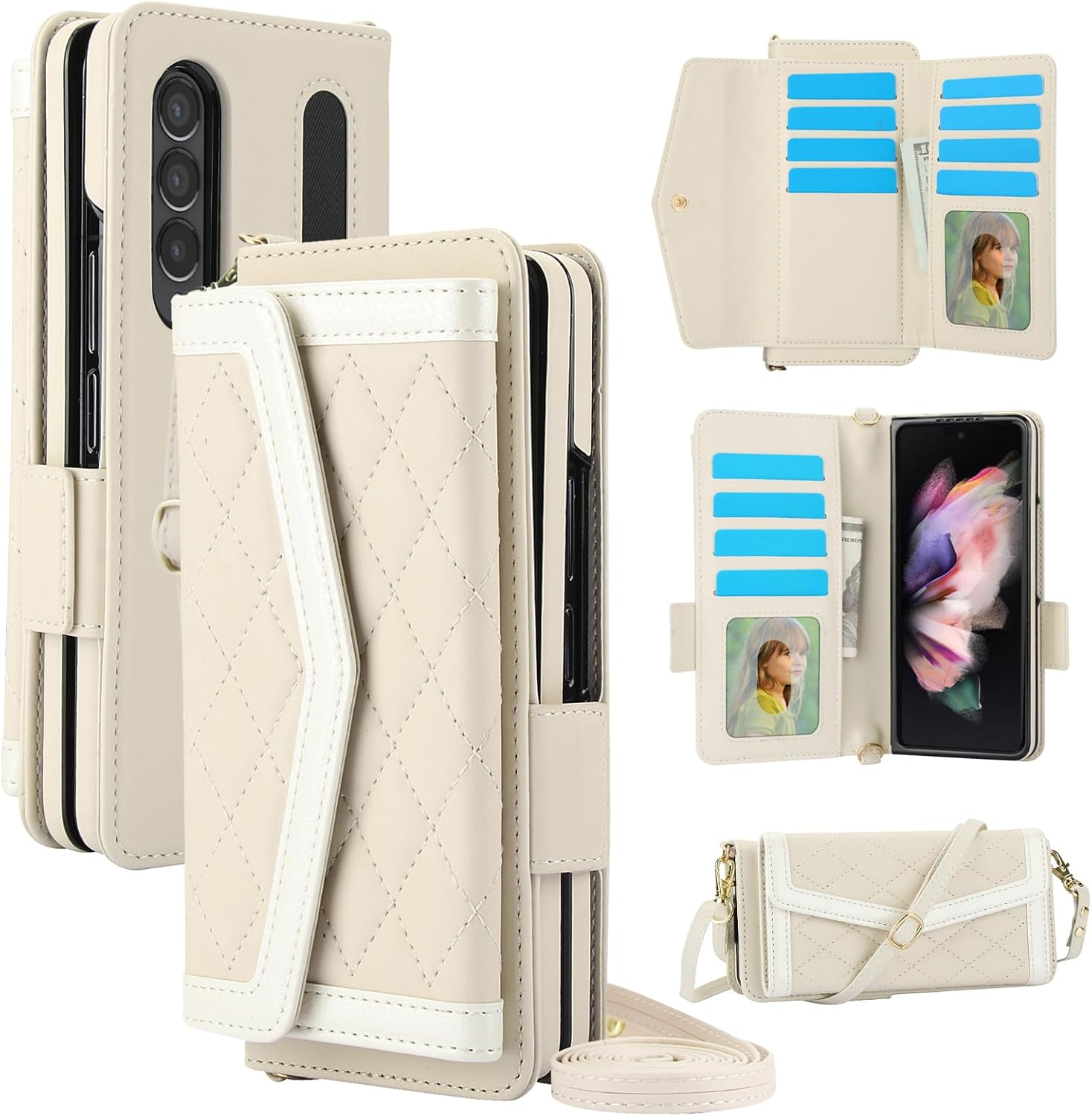 Asuwish Phone Case for Samsung Galaxy Z Fold 3 5G 2021 Wallet Cell Cover with RFID Blocking Credit Card Holder Slot Shoulder Crossbody Strap Stand ZFold3 Z3 Fold3 3Z ZFold35G Women Men Girls Off White