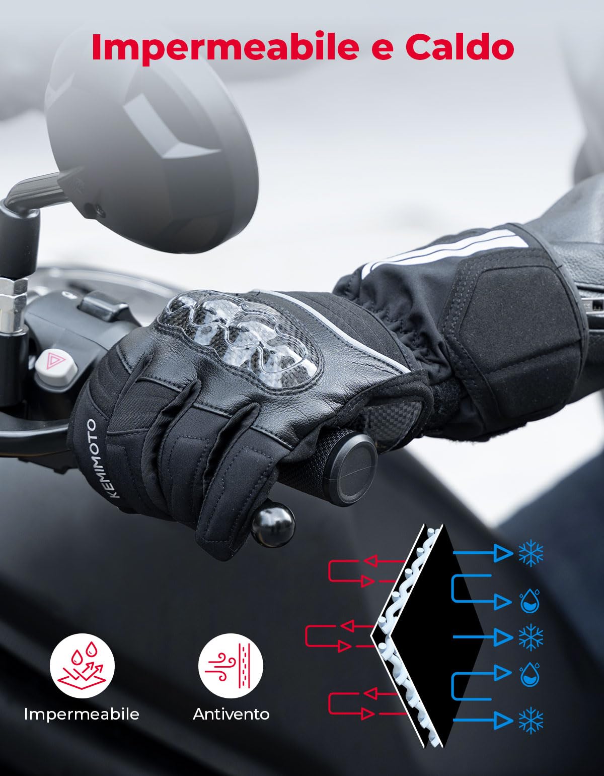 KEMIMOTO Guanti Moto Invernali, Guanti Moto Impermeabili e Antivento, Resistenti all'Usura con Guscio in Fibra di Carbonio, Guanti Termici Touchscreen per Motociclismo e Sci