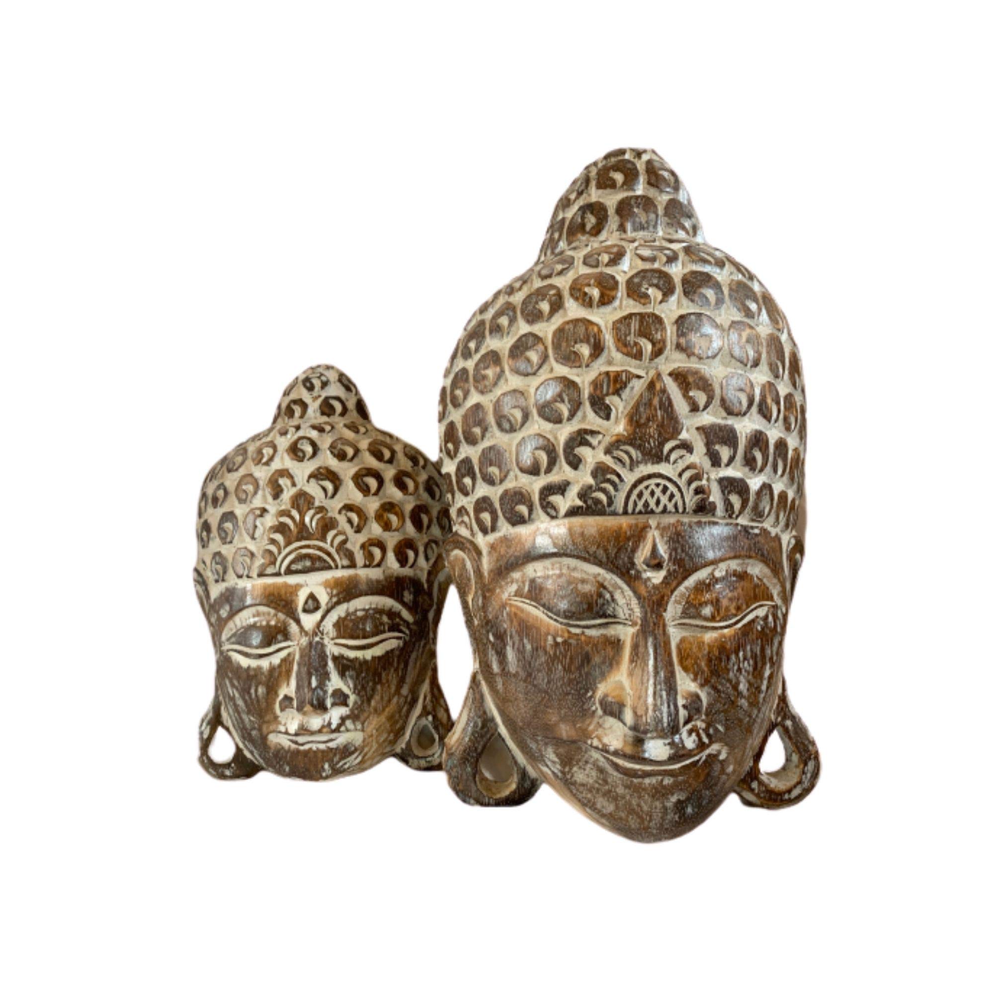 My Family House Buddha Face Mask - Gold & White Wood Hand Carved Wall Hanging Brown - 40 cm