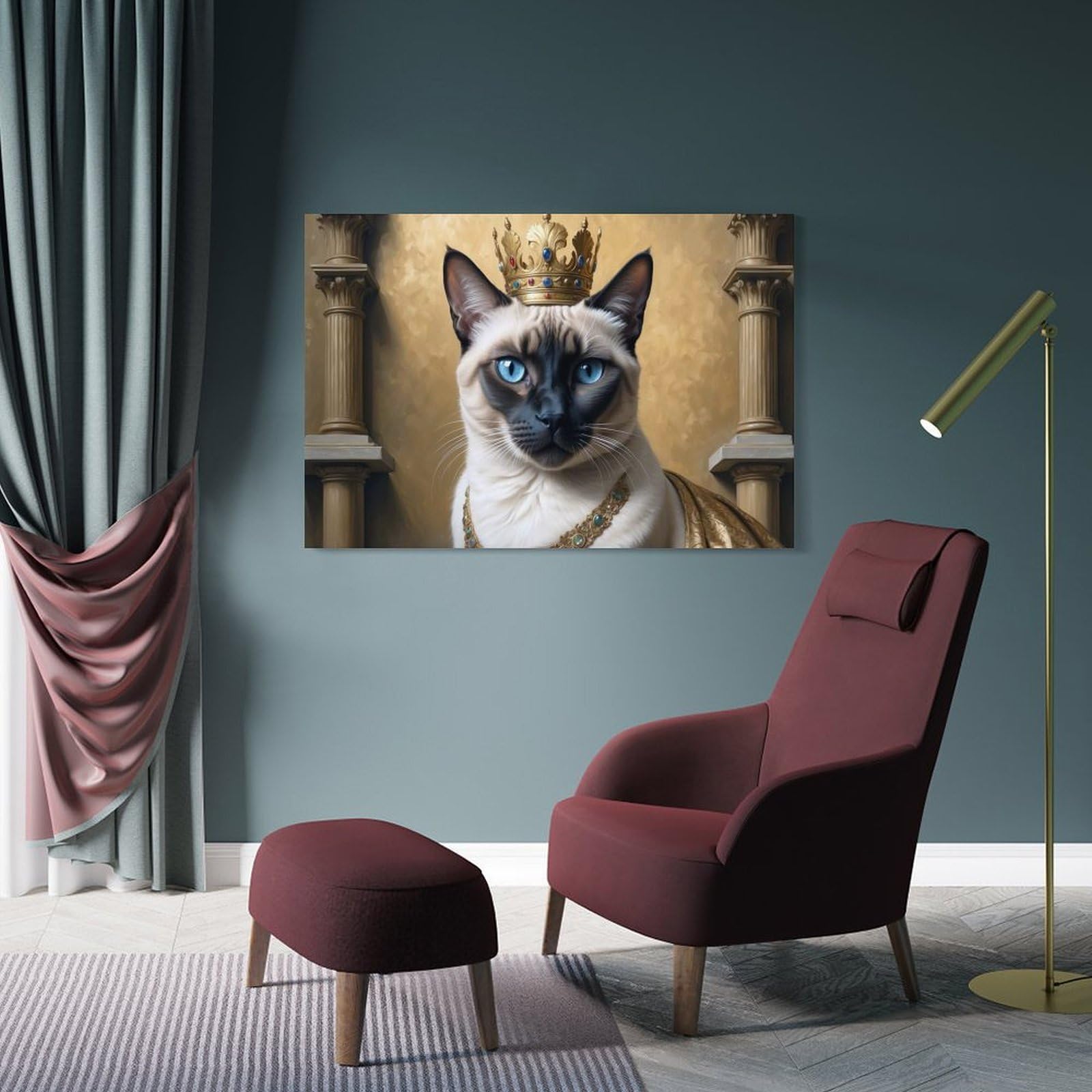 Junmoney Canvas Wall Art Regal Siamese Cat Portrait with Crown, 20x30inch(50x75cm), for Living Room, Bedroom, Office Or Hallway, Decorative Artwork with Broad Appeal