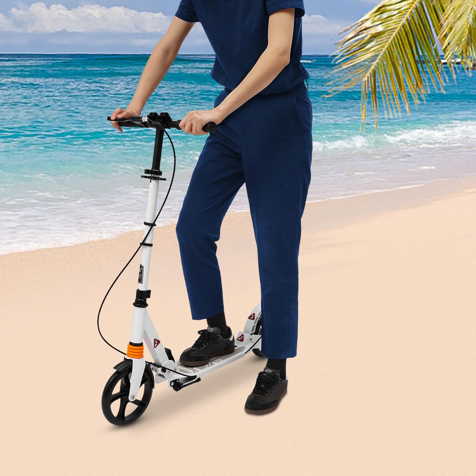 Monopattino pieghevole per adulti e ragazzi, regolabile in altezza 93-107 cm, portata fino a 100 kg, con doppio freno, pieghevole, per città e tempo libero, bianco