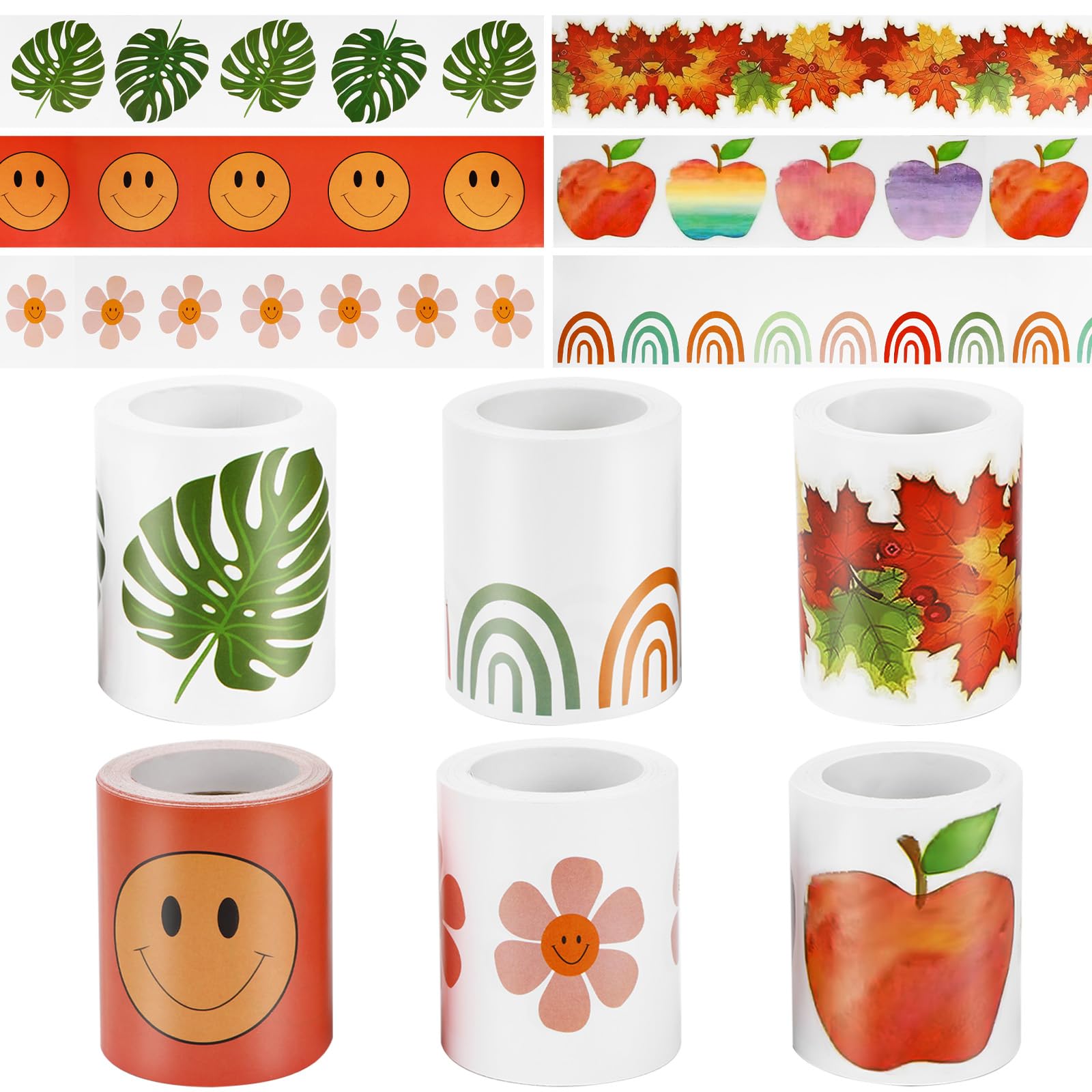6 Rollen 66 m Pinnwandbordüren Aufkleber, Pflanzen Apfel Smiley Blumen-Pinnwand-Rand 6 Designs für Klassenzimmer, Tür, Fenster, Tafel, Whiteboard, Wand, Babyparty oder andere Partydekoration