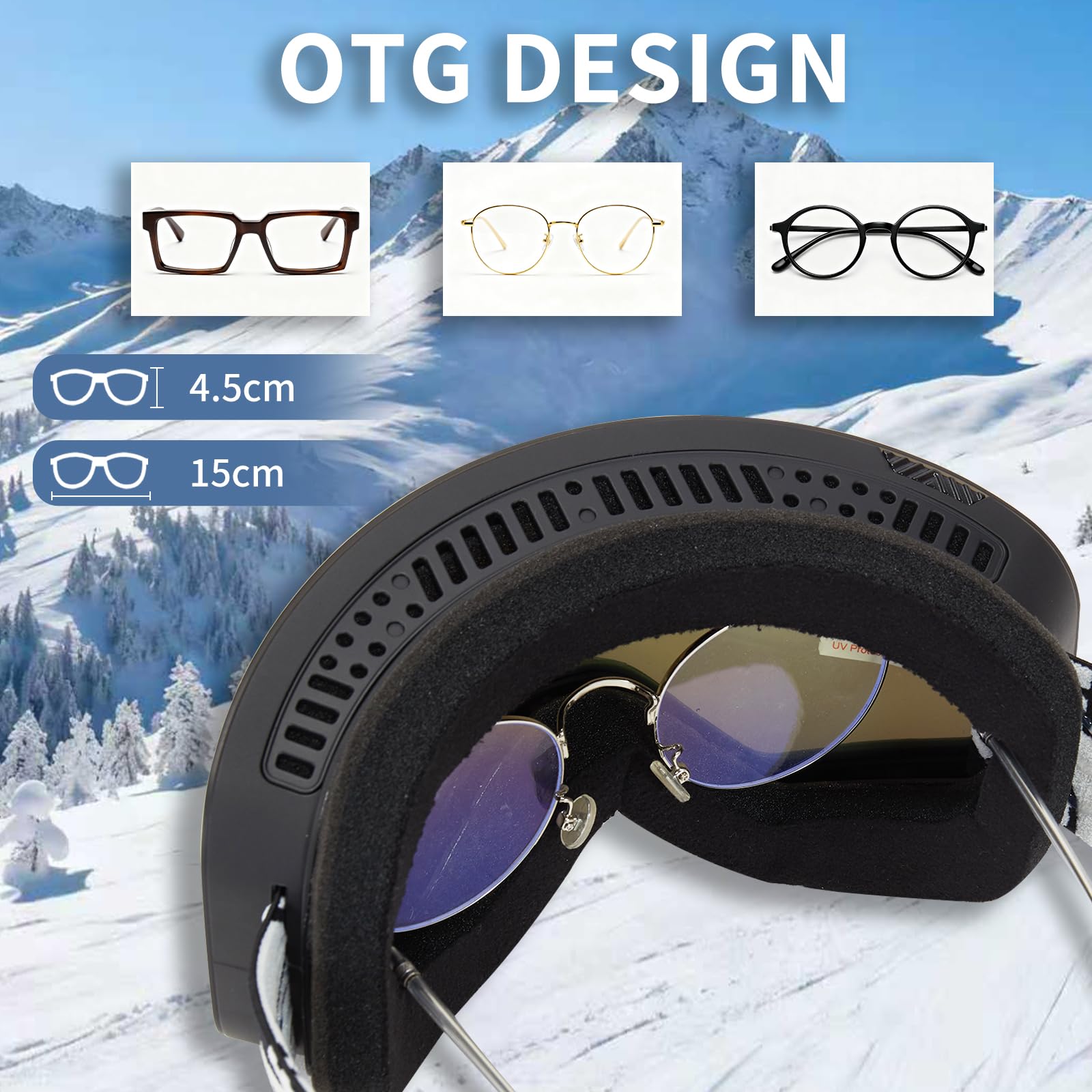 YH879B Lunettes de ski OTG et de planche à neige avec verres magnétiques interchangeables, protection UV et anti-buée, lunettes de neige pour homme et femme (monture noire, bleu Revo intégral, VLT 19
