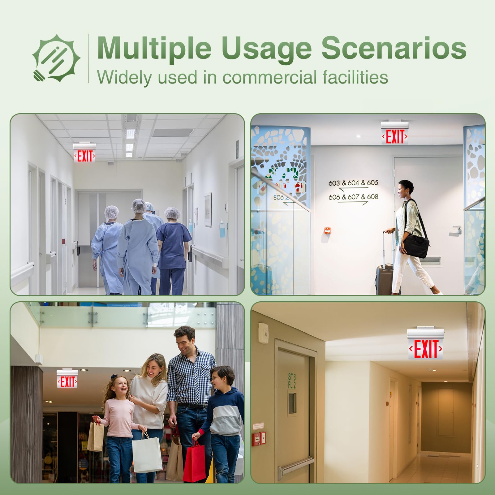 FREELICHT Paquete de 2 letreros de salida LED rojos de doble cara con batería de respaldo, señal de salida para negocios, fácil de instalar, certificado UL, CA 120/277 V