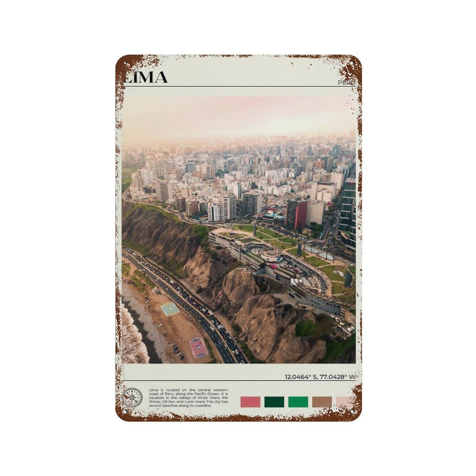 xiaoxiaoshen Real Photo Lima Decor Peru South America Wall Decor Art Metal Tin Poster Modern Home Decor Art Home Bar Shop Decorations Vintage Sign 30x20cm