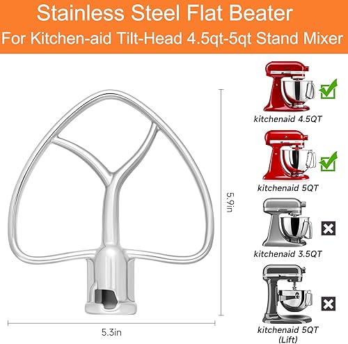 Miniatura 2 de Batidor plano de acero inoxidable para cocina, cabezal inclinable de 4.5 qt-5 cuartos de galón, compatible con K45SS, KSM75, KSM90, KSM125 Accesorio