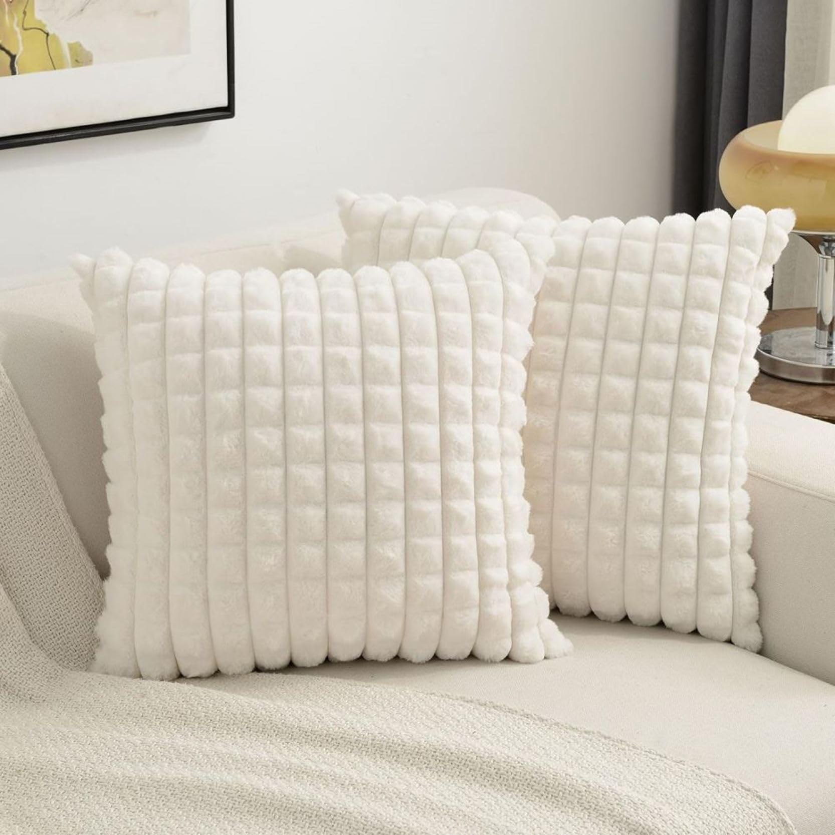 MONKDECOR (O.F) Fur Cushion Cover, Square Decorative Pillowcase Checkered Soft Fuzzy Cozy Cushion Case for Couch,Sofa,Living Room (White (2 Pieces), 16x16 Inches)