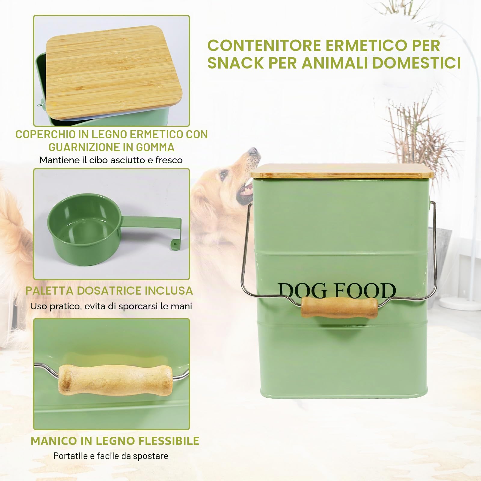 Contenitore per cibo per cani, in metallo, 6 l, con coperchio in legno, manico e pala, ermetico per cibo secco e snack, colore: verde militare