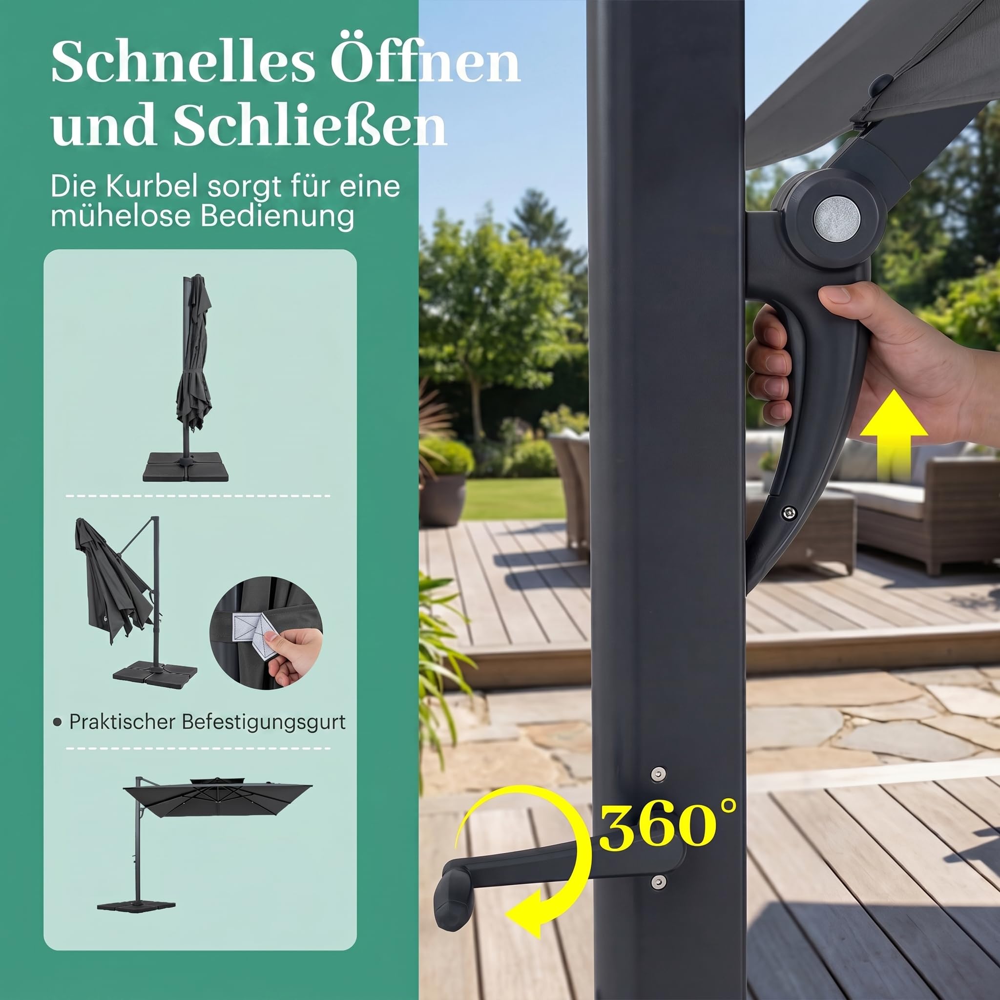 COSTWAY Sonnenschirm mit Doppeldach, 300 x 300 cm, Alu Ampelschirm mit Kurbel, 360° drehbar, quadratischer Gartenschirm, Marktschirm, Terrassenschirm für Garten, Terrasse, Pool (Anthrazit)