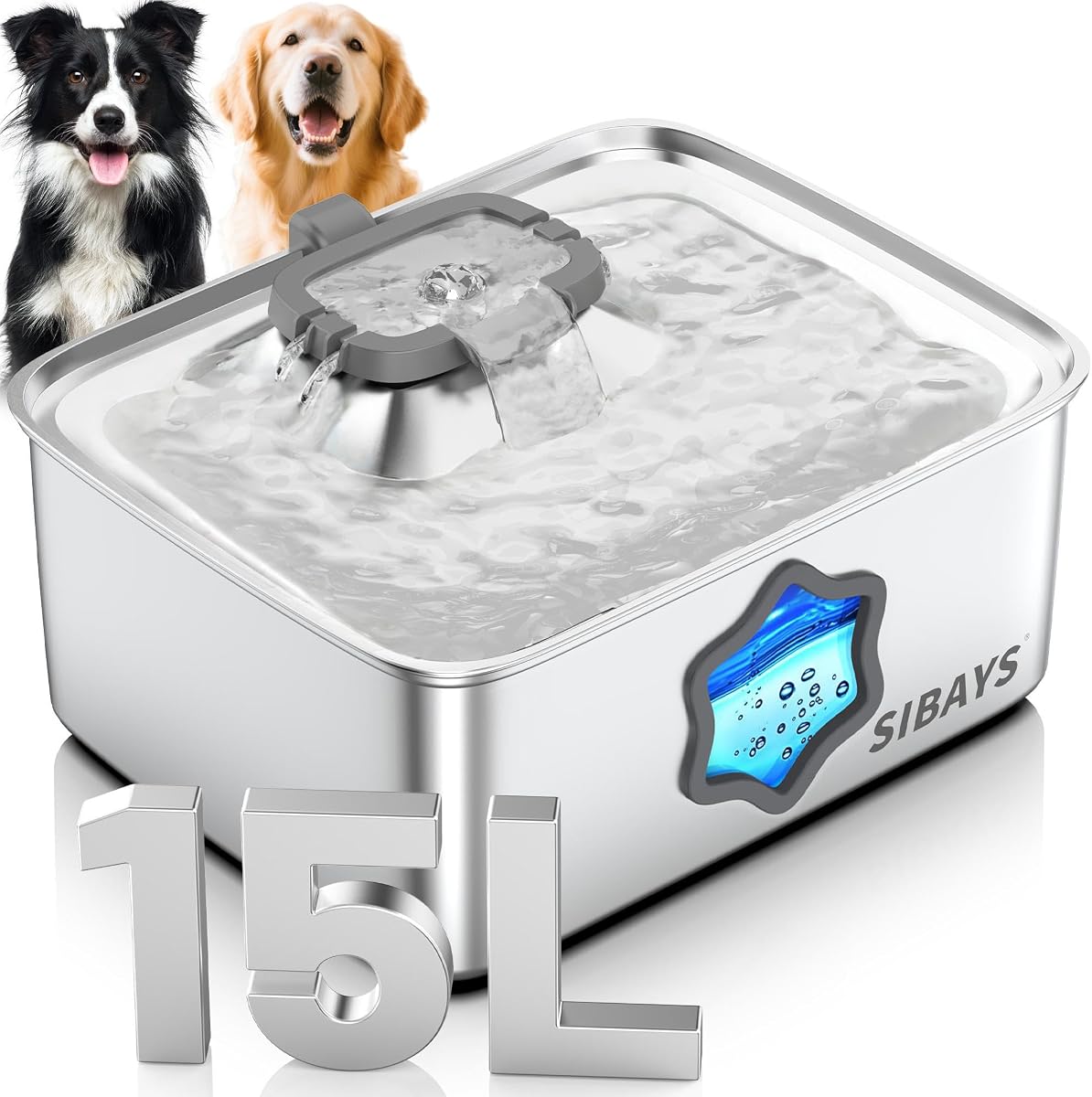 4Gal/15L Dog Water Fountain, Stainless Steel Pet Water Fountain with Water Level Window & LED Light, Quiet Automatic Dog Water Bowl Dispenser for Large Dogs & Multi-Pet, Easy to Clean FS81