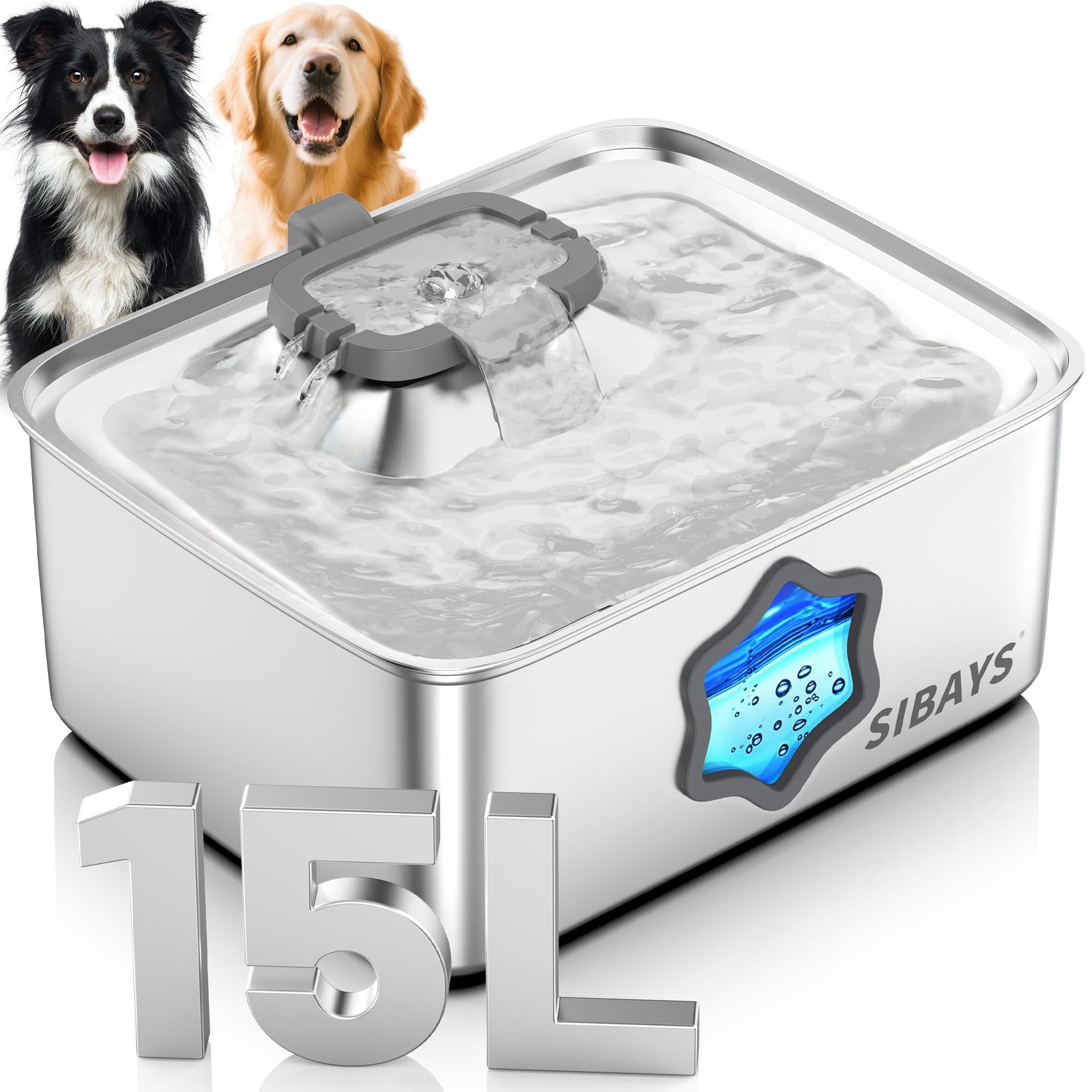 SIBAYS 4Gal/15L Dog Water Fountain, Stainless Steel Pet Water Fountain with Water Level Window & LED Light, Quiet Automatic Dog Water Bowl Dispenser for Large Dogs & Multi-Pet, Easy to Clean FS81