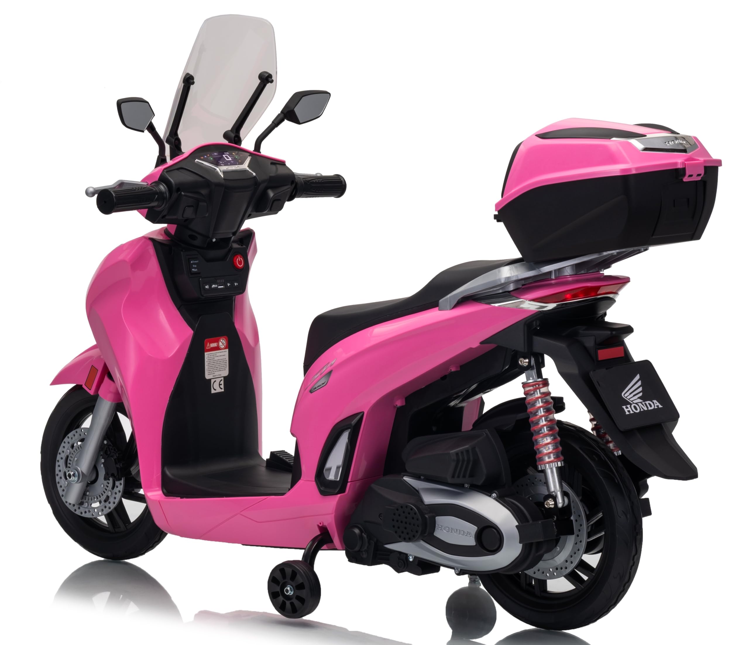 Honda SH 350 12V Moto Elettrica per Bambini con Licenza Ufficiale, Scooter Elettrico con Ruote in Gomma, Sedile in Pelle, Bauletto, Rotelle Stabilizzatrici, Luci LED e Suoni, MP3 Rosa