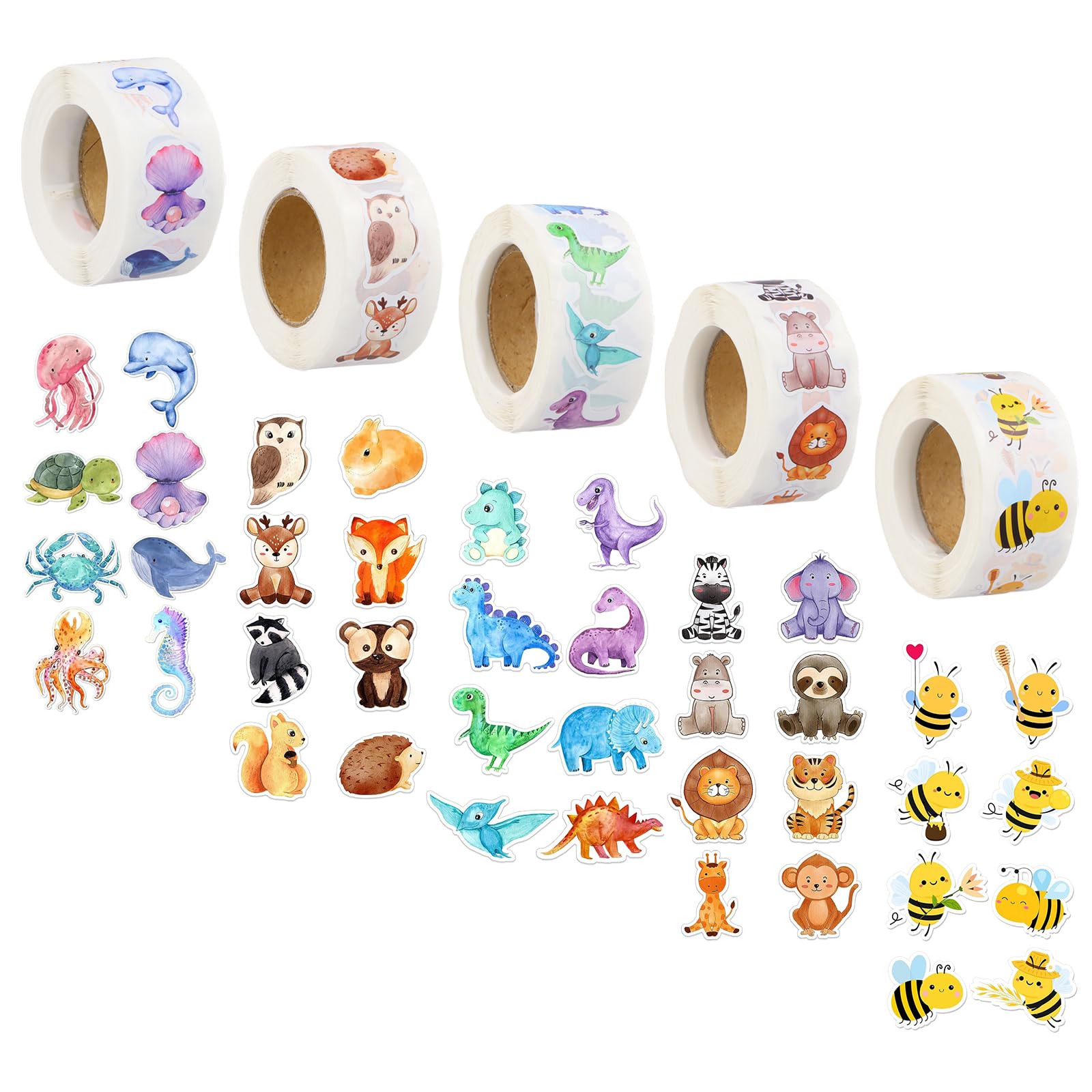 2500 Pcs Animal Stickers for Kids - 5 Roll Set: Bee, Dinosaur, Forest, Safari & Sea Themes, Cartoon Stickers for Scrapbooking, Rewards, Decoration