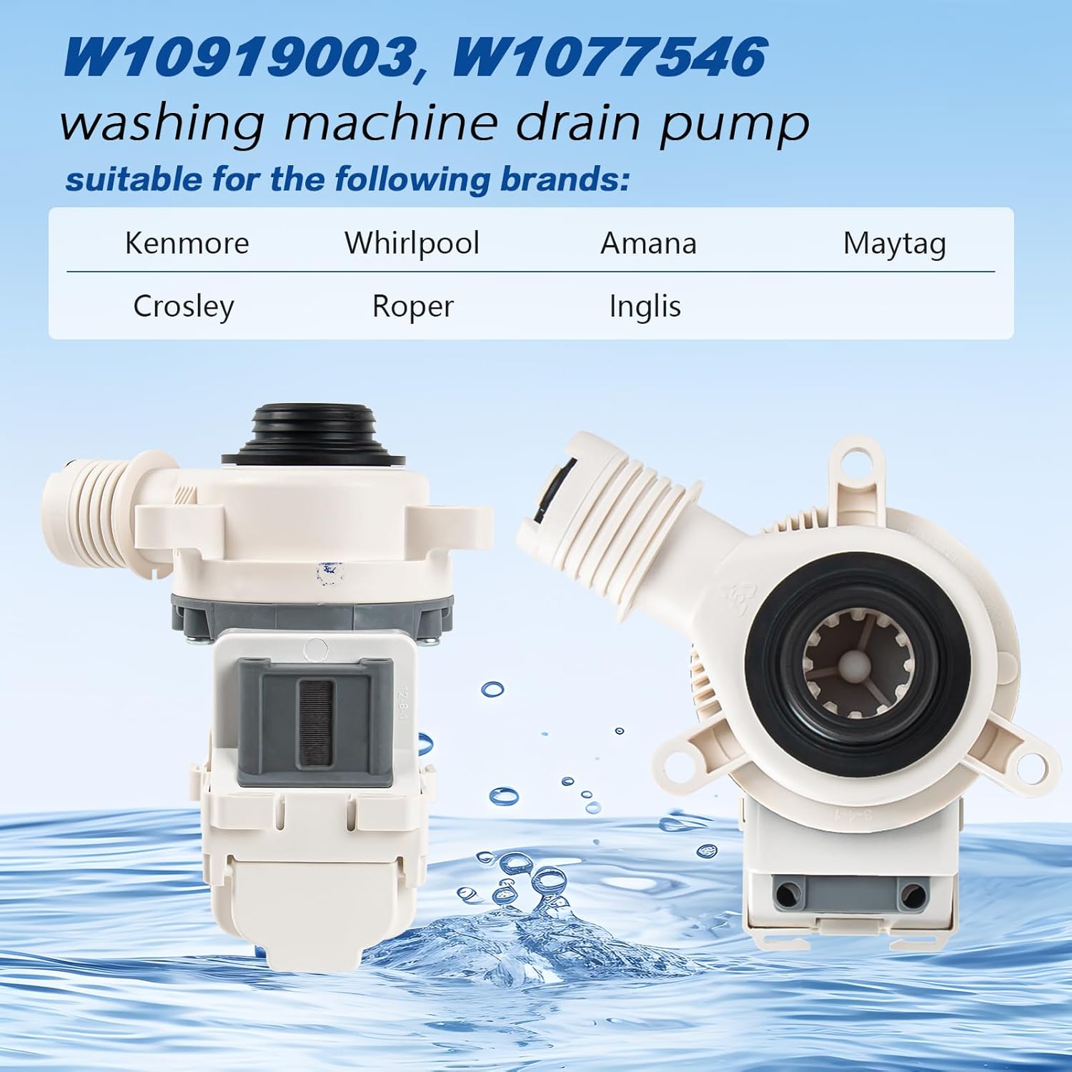 W10919003 & W10775446 Washer Drain Pump - Compatible with Whirlpool Amana Kenmore ATW, CAW, ITW, NTW, WTW Series Washing Machines