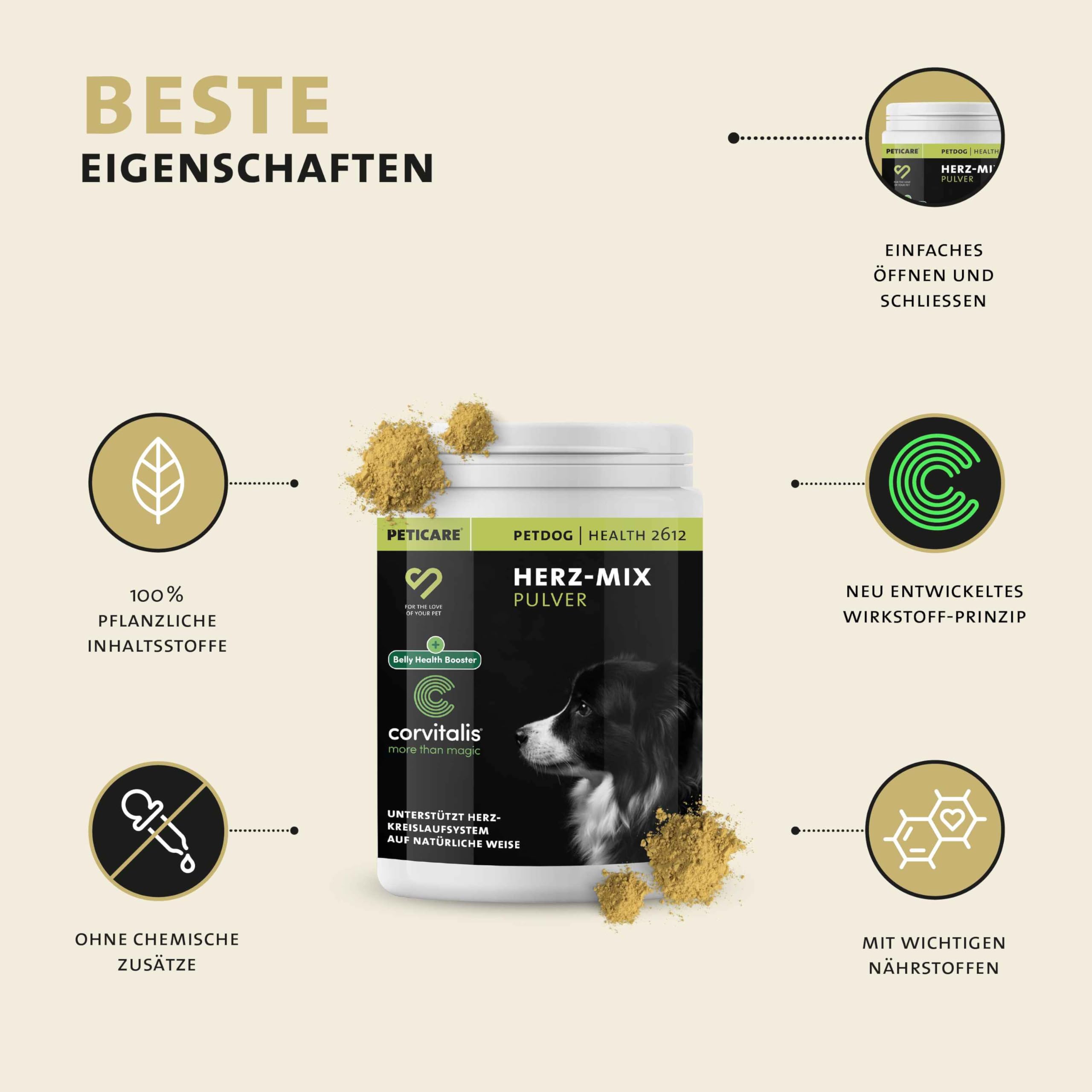 Peticare Polvo Corazón & Circulación para Perros | Favorece la Salud cardíaca y la vitalidad | con Omega-3, L-carnitina y espino Blanco | Suplemento Natural | petDog Health 2612