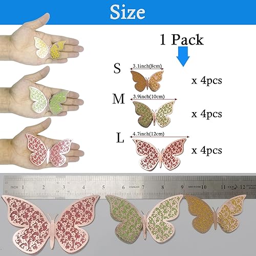 Miniatura 5 de Ewong Decoración de pared de mariposa 3D, 12 calcomanías de pared extraíbles de doble capa, calcomanías de pared de mariposa, decoración de pared,