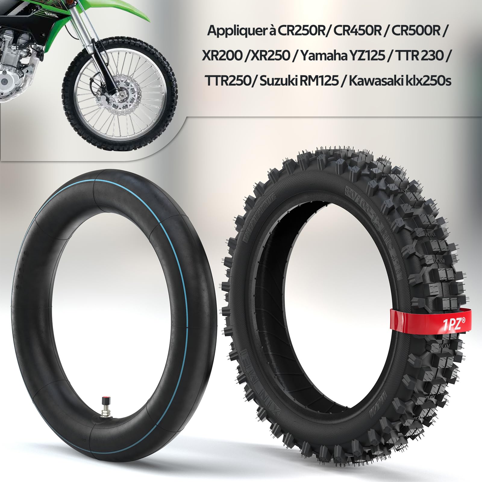 1PZ F80-C2T Pneu et chambre à air 3.00-12 80/100-12 remplacement pour DRZ110 PW80 CRF70 CRF110 XR70 KLX110 KX65 TTR90 TTR110 Suzuki JR80 Baja DR70 Honda Off Road Motocross Dirt Pit Bike
