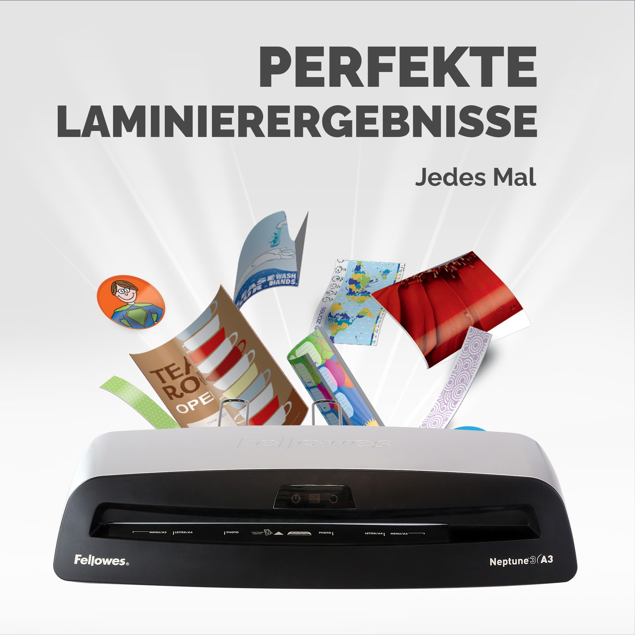 Fellowes A3 Laminiergerät Neptune 3 - bis 175 Mikron - Aufwärmzeit nur 60 Sekunden - AutoSense Technologie und Folien-Tracker - inkl. 10 gratis Laminierfolien