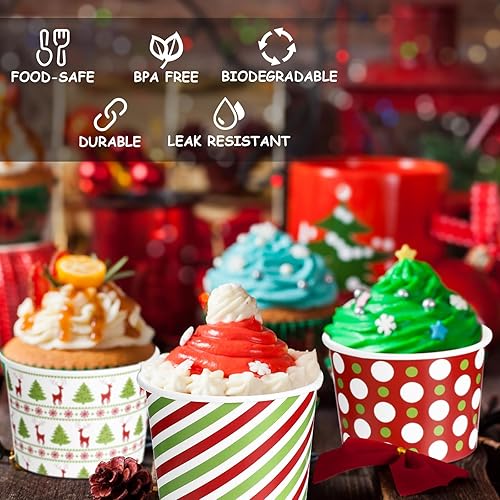Miniatura 2 de Cuencos desechables de postre de Navidad, de 9 onzas, cuencos de papel de Navidad para golosinas de Navidad, tazones de helado a rayas con copos de