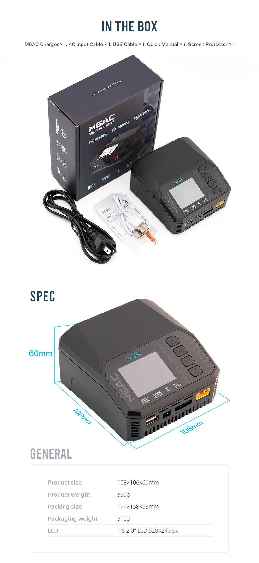 ToolkitRC M6AC wielofunkcyjna inteligentna ładowarka 150 W, obsługuje wejście AC/DC, odpowiednia do akumulatorów LiPo/LiHV/NiMH/ołowiowych z kolorowym wyświetlaczem 2,4", idealna